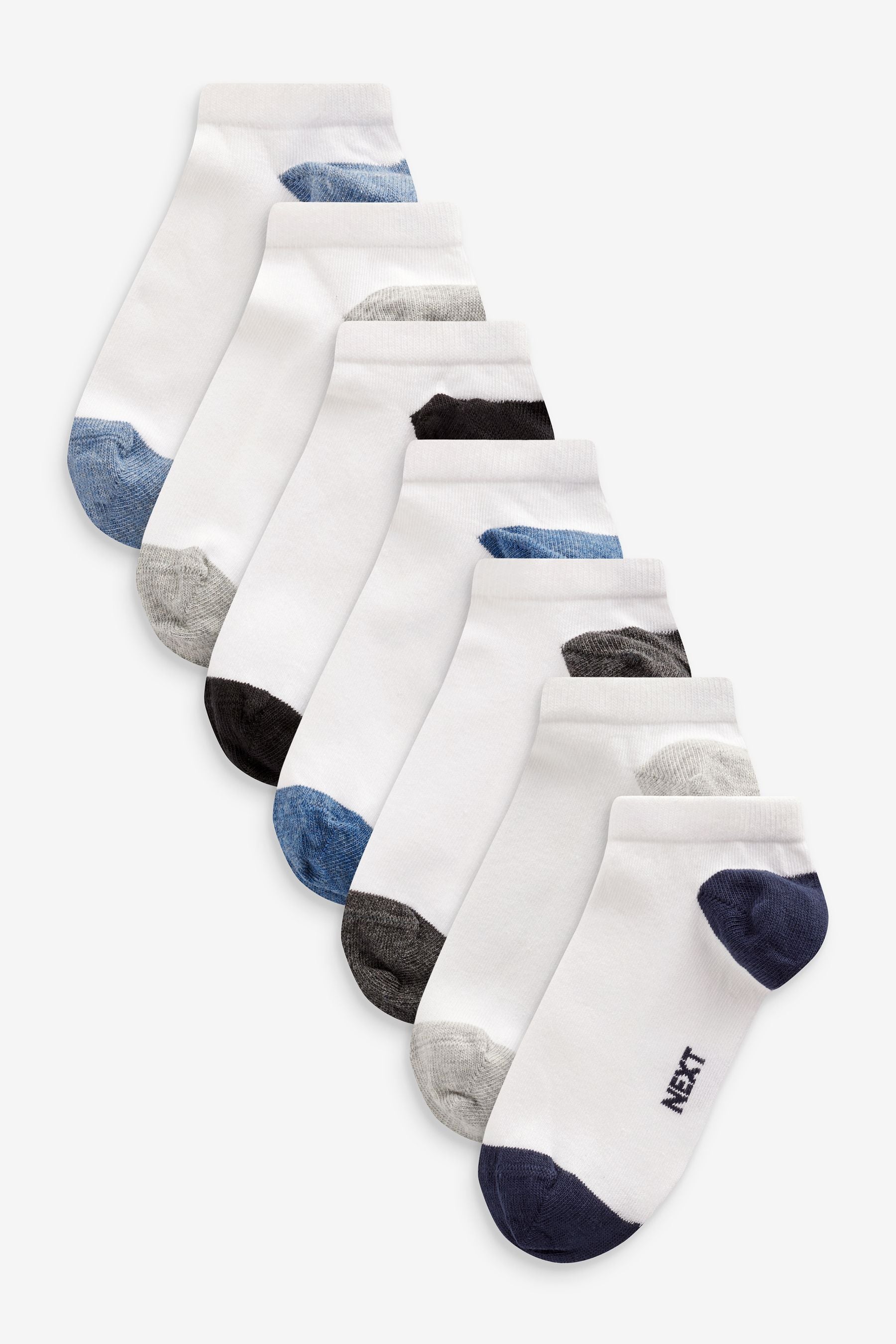 White/Blue/Grey Heel And Toe Cotton Rich Trainer Socks 7 Pack