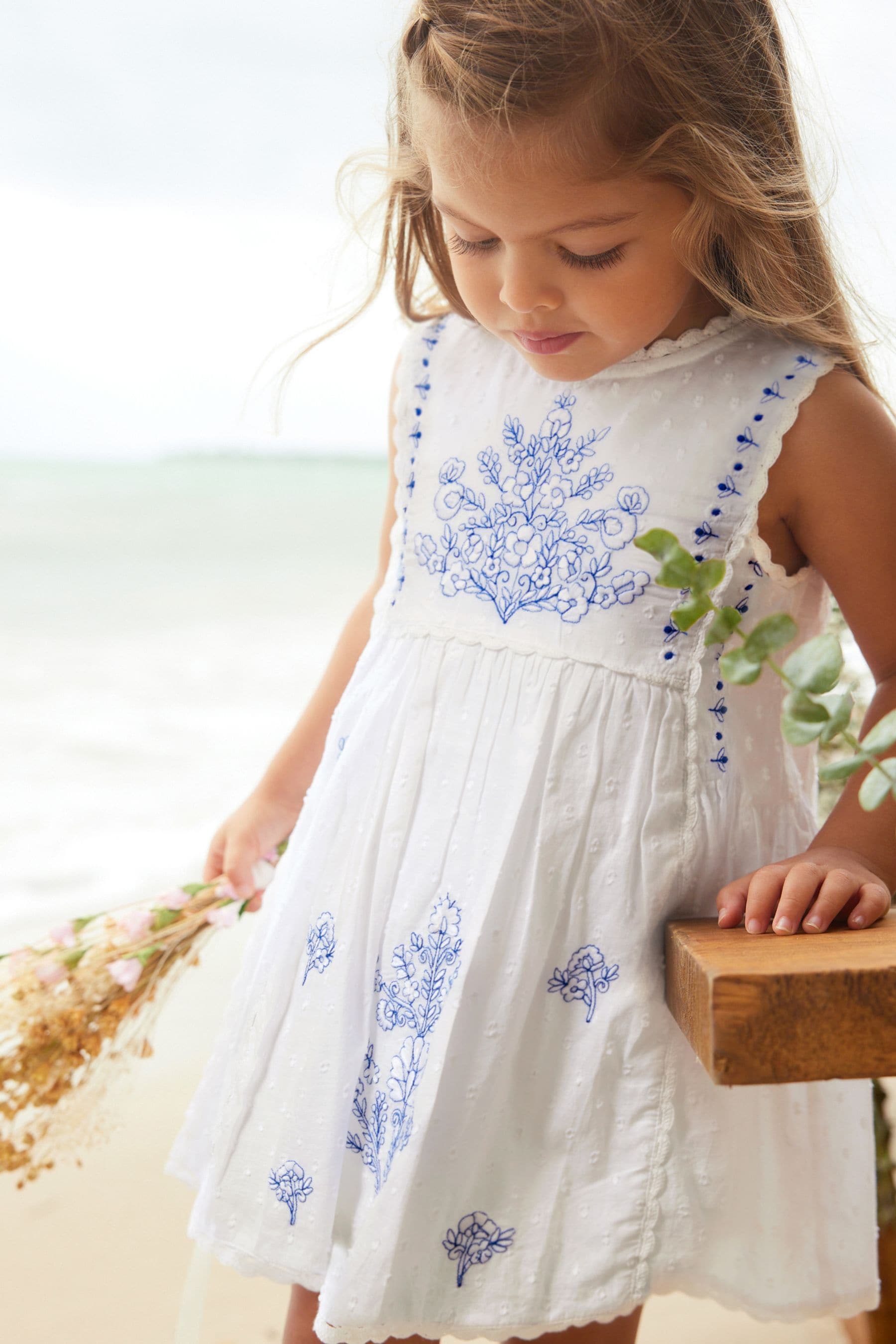 Blue/White Embroidered Cotton Dress (3mths-8yrs)