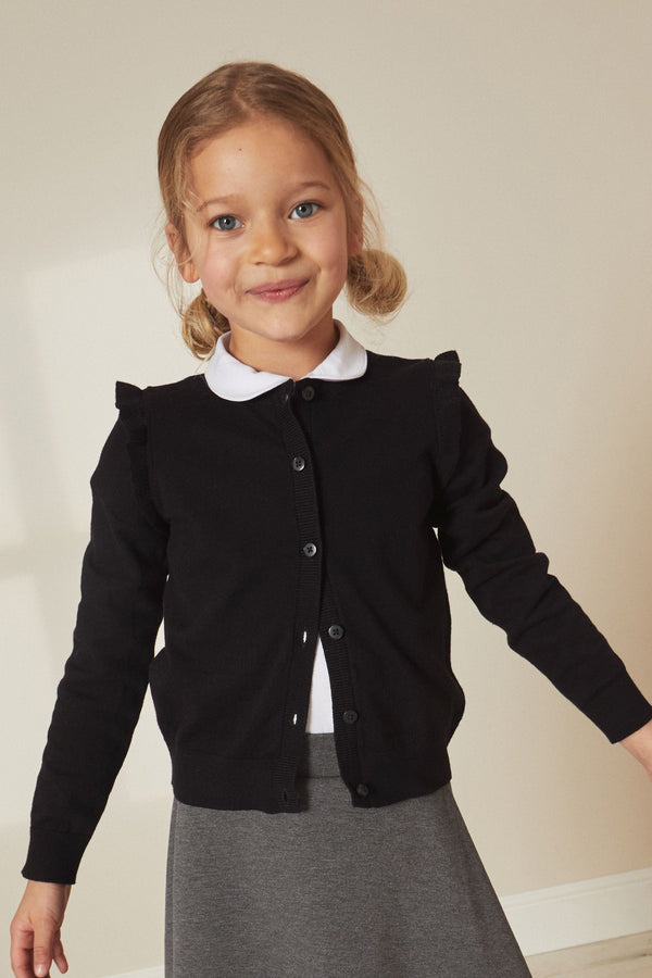 Black Cotton Rich Frill Shoulder School Cardigan (3-16yrs)