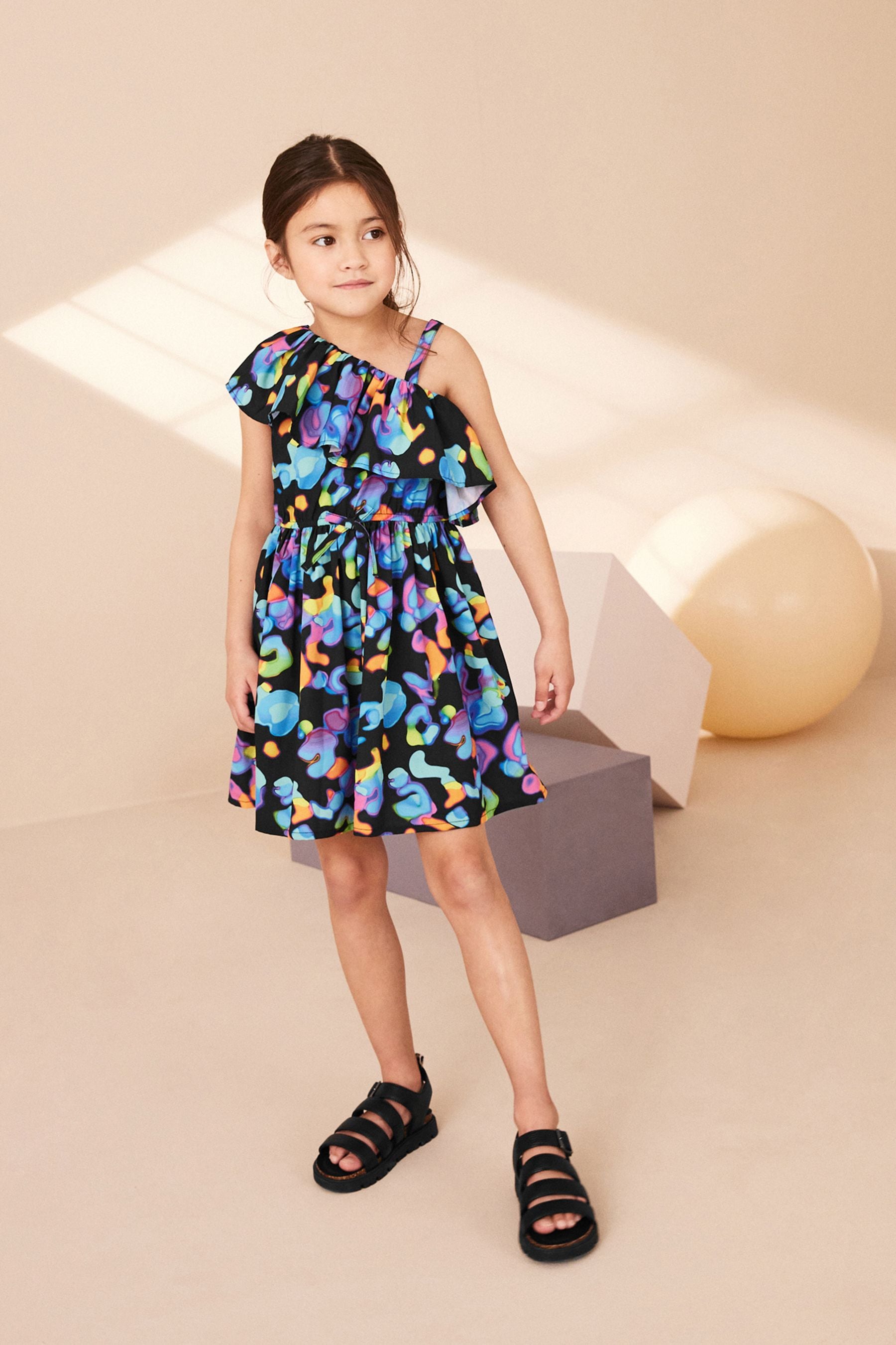 Black Print One Shoulder Dress (3-16yrs)