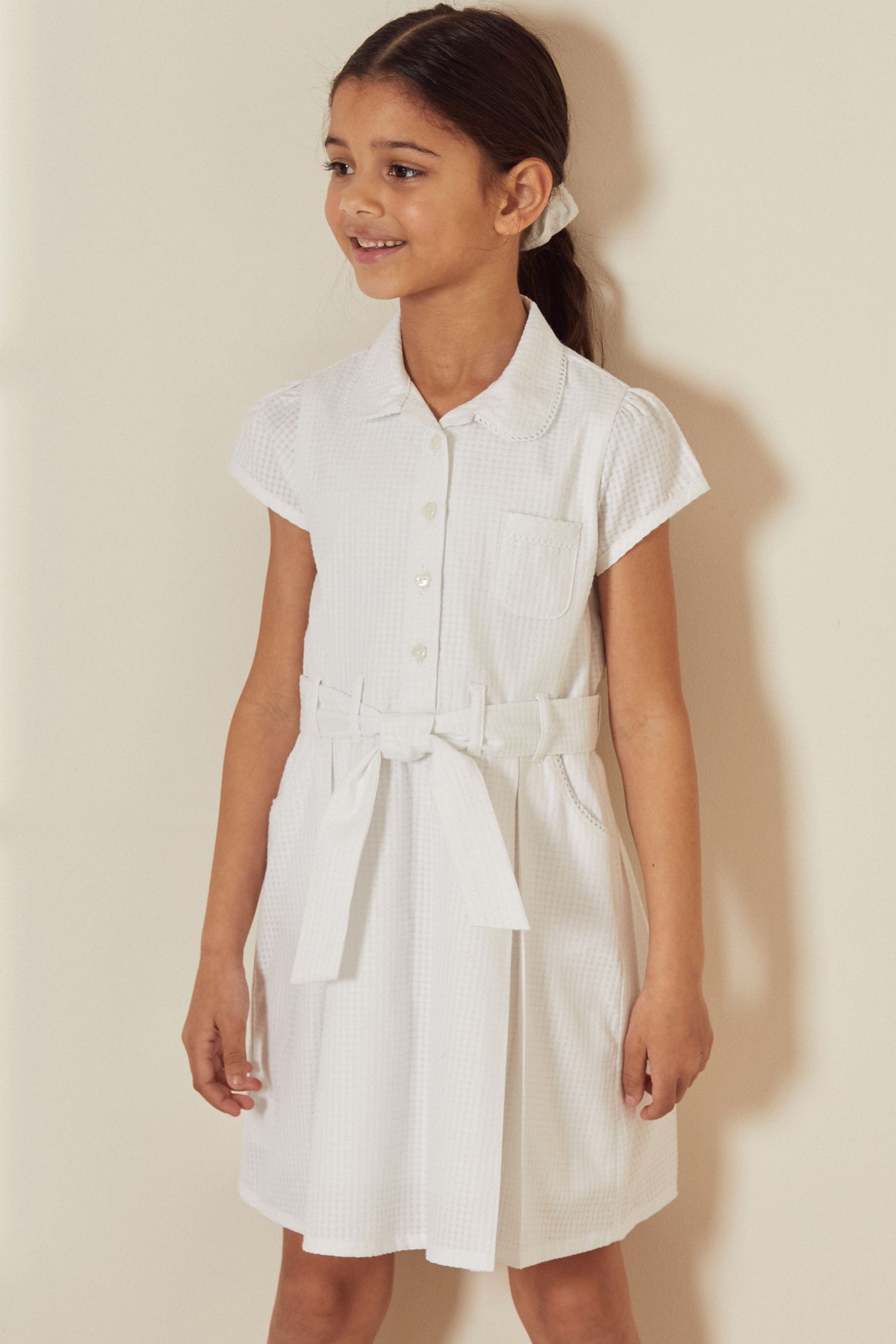 White Gingham Cotton Rich Belted School Dress With Scrunchie (3-14yrs)