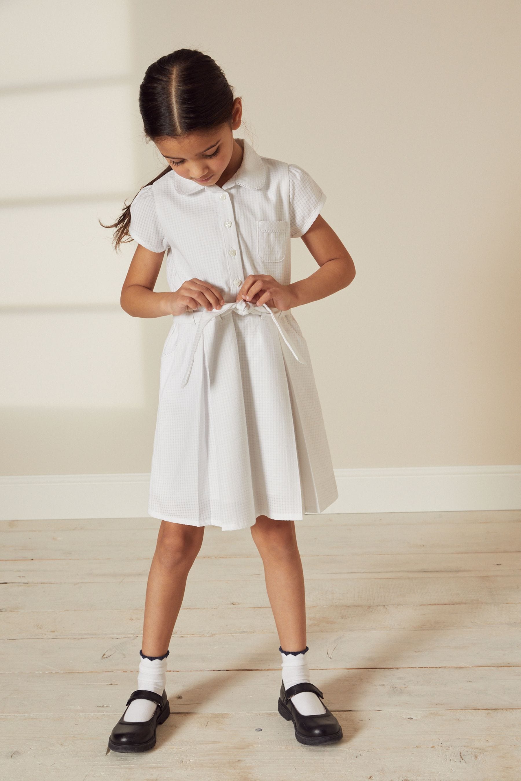 White Gingham Cotton Rich Belted School Dress With Scrunchie (3-14yrs)