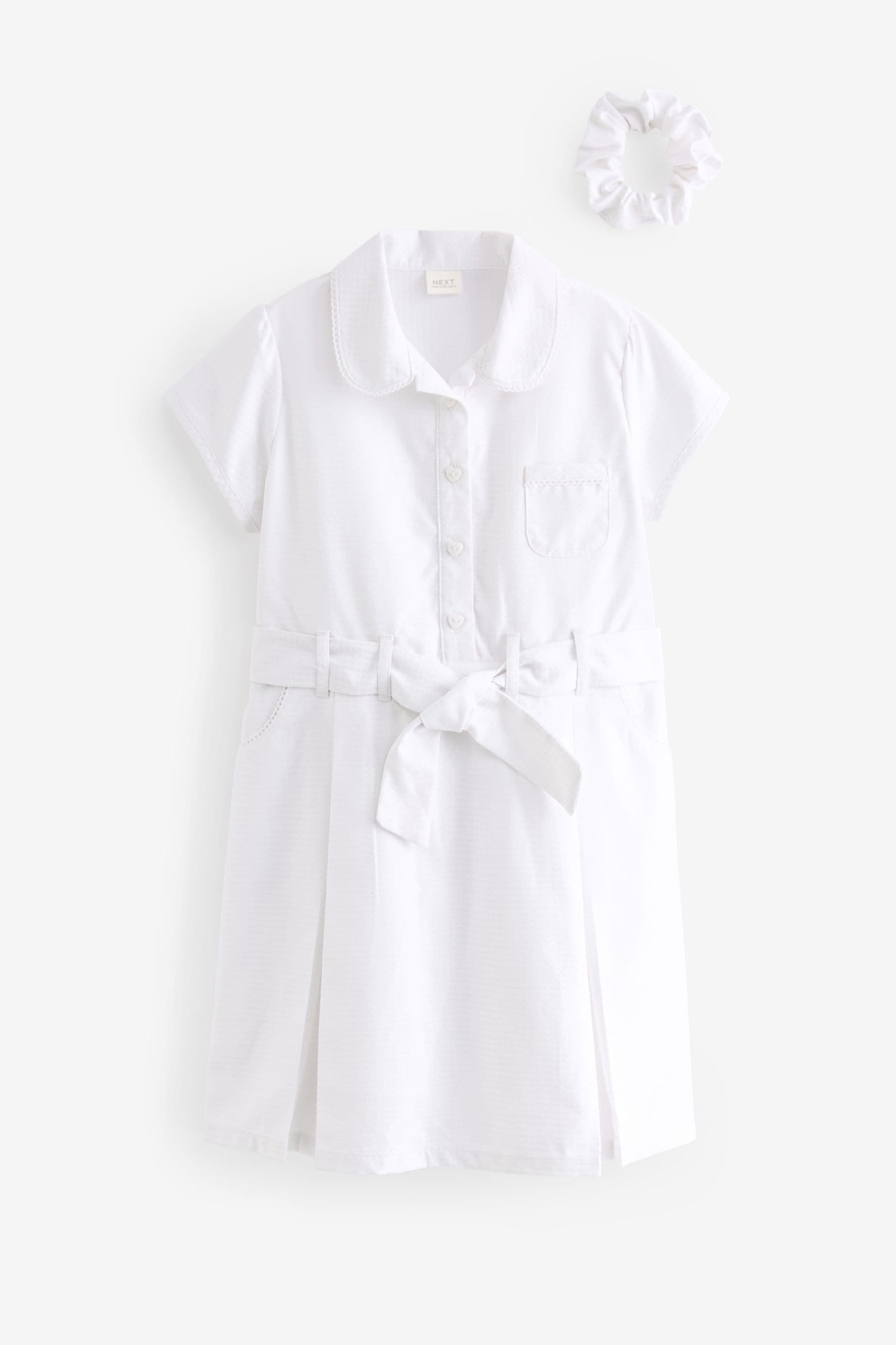 White Gingham 100% Cotton Rich Belted School Dress With Scrunchie (3-14yrs)