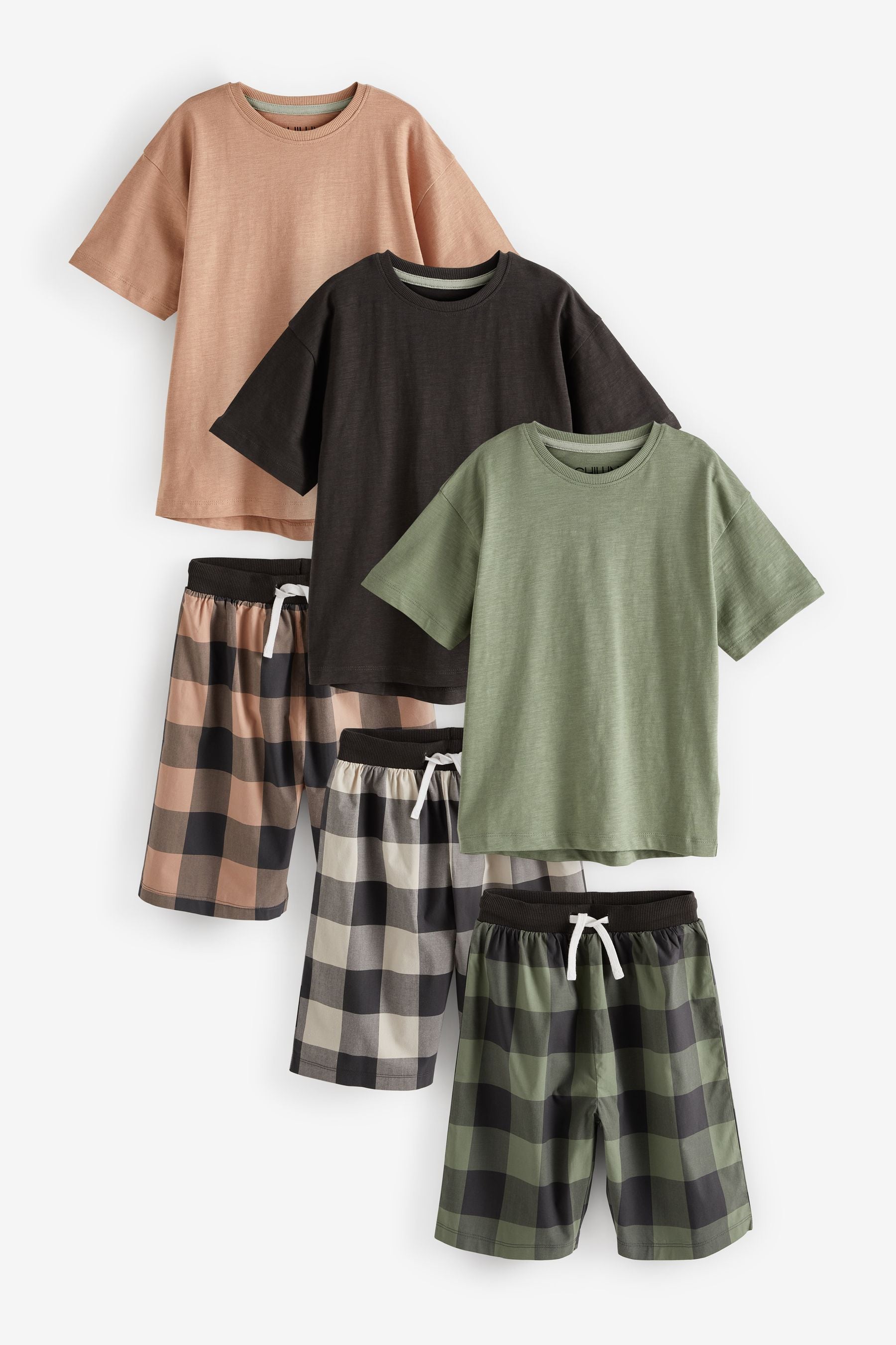 Black/Khaki/Blush 100% Cotton Woven Check Short Pyjamas 3 Pack (3-16yrs)