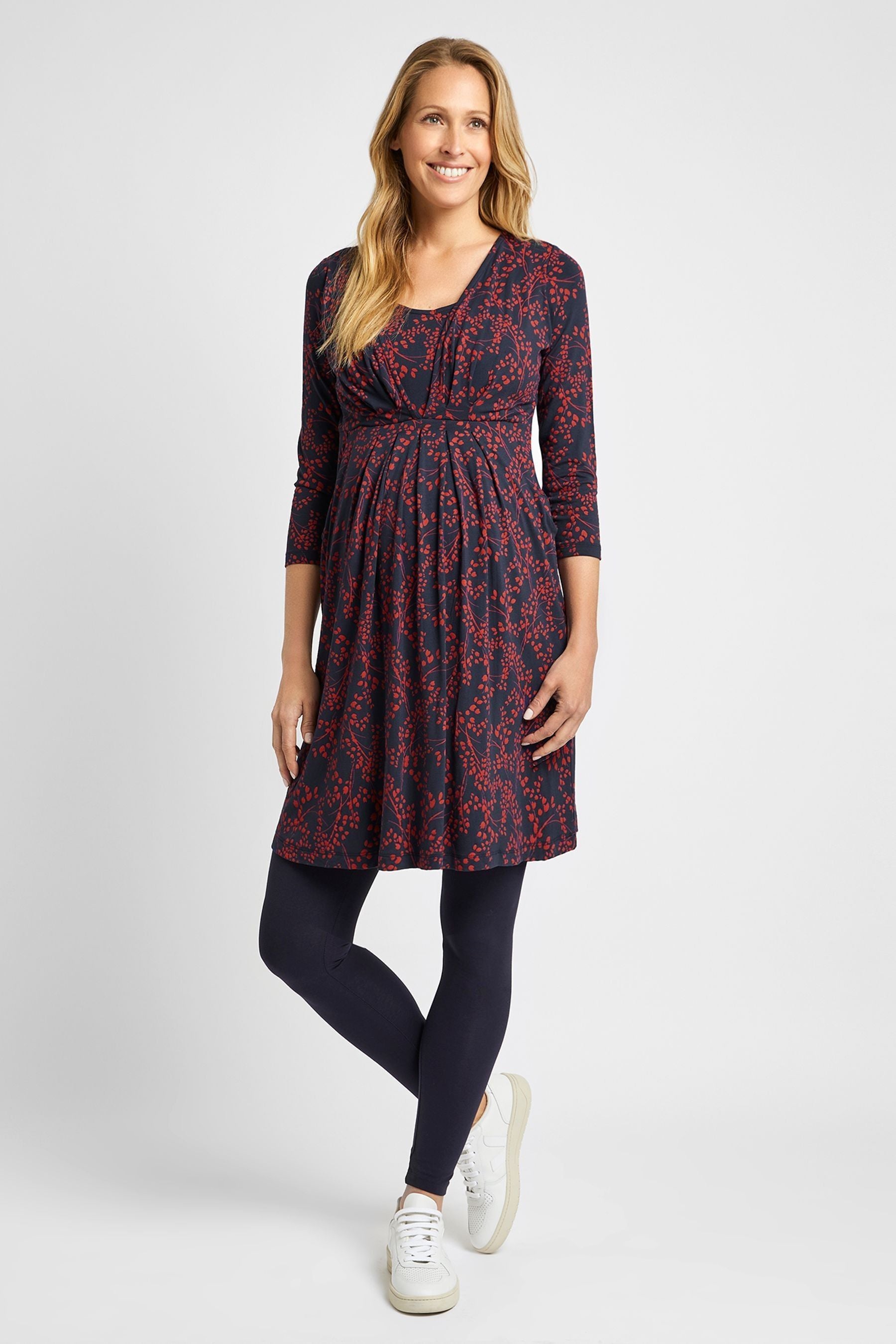 Navy JoJo Maman Bébé Leaf Print Maternity & Nursing Pleat Tunic Dress