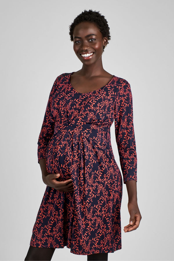 JoJo Maman B?©b?© Navy Blue Print Jersey Pleated Maternity & Nursing Dress