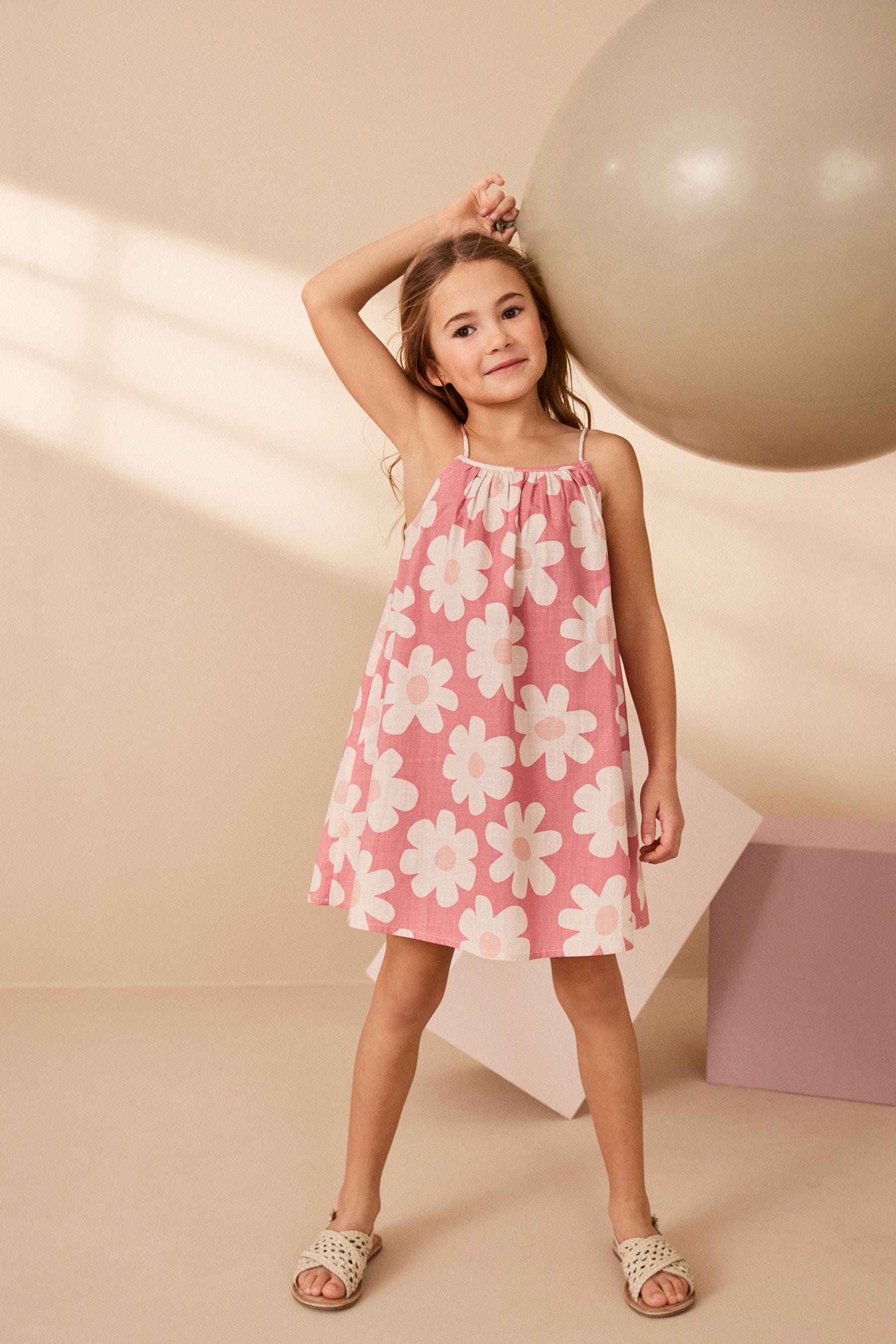 Pink Floral 100% Cotton Strappy Sundress (3-16yrs)