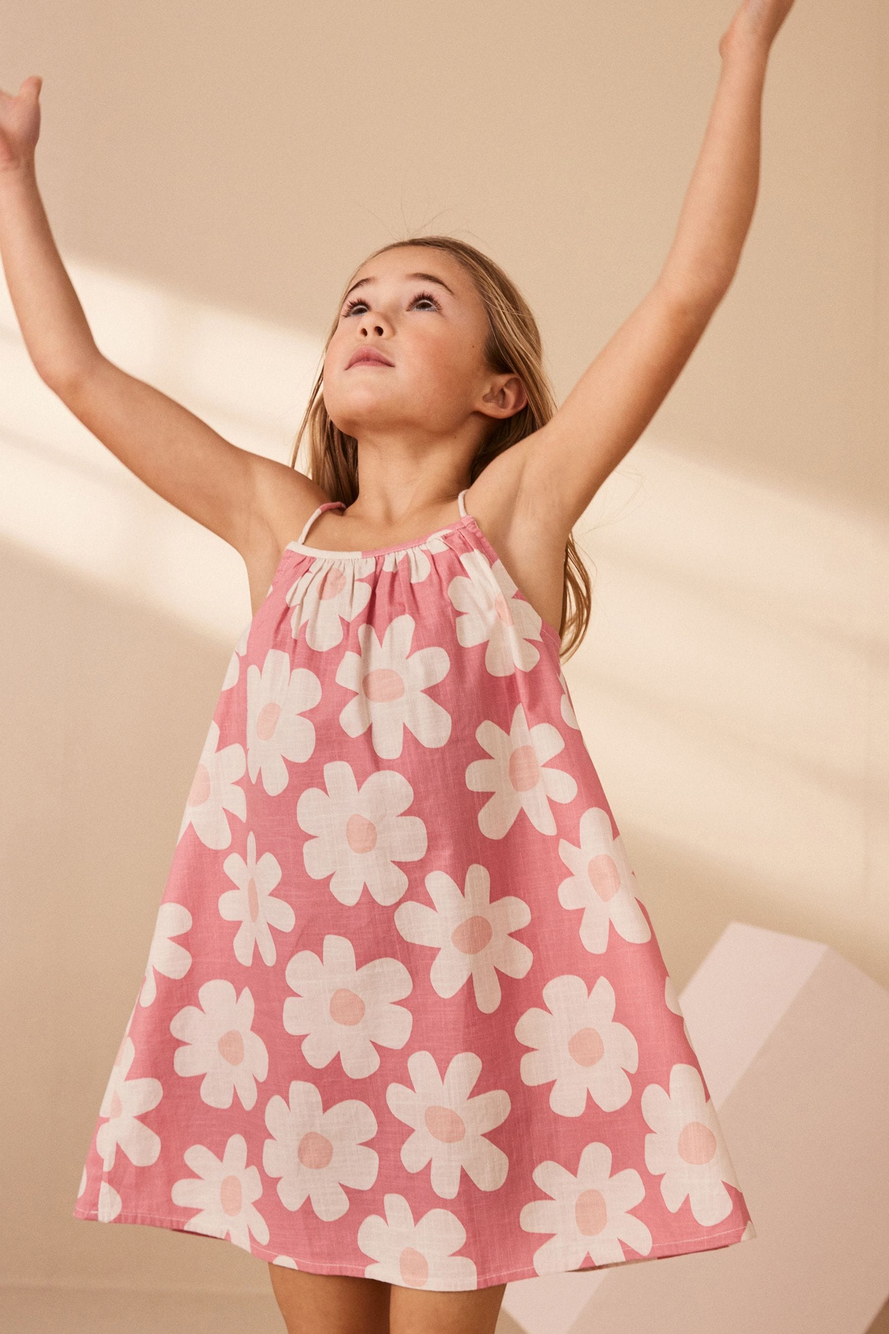 Pink Floral 100% Cotton Strappy Sundress (3-16yrs)