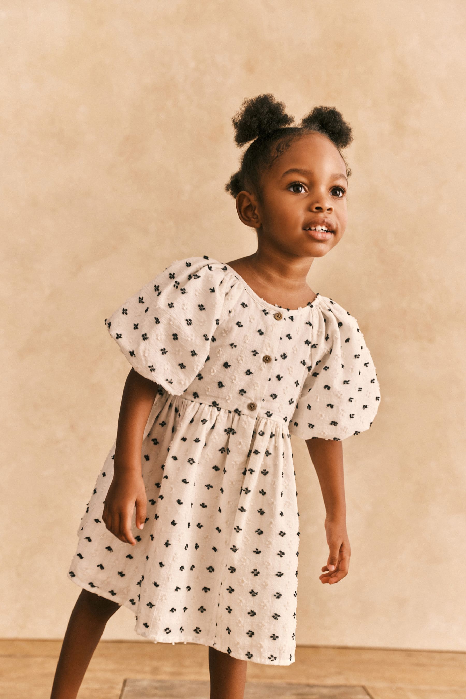 Black/Cream Textured Puff Sleeve Dress (3mths-8yrs)