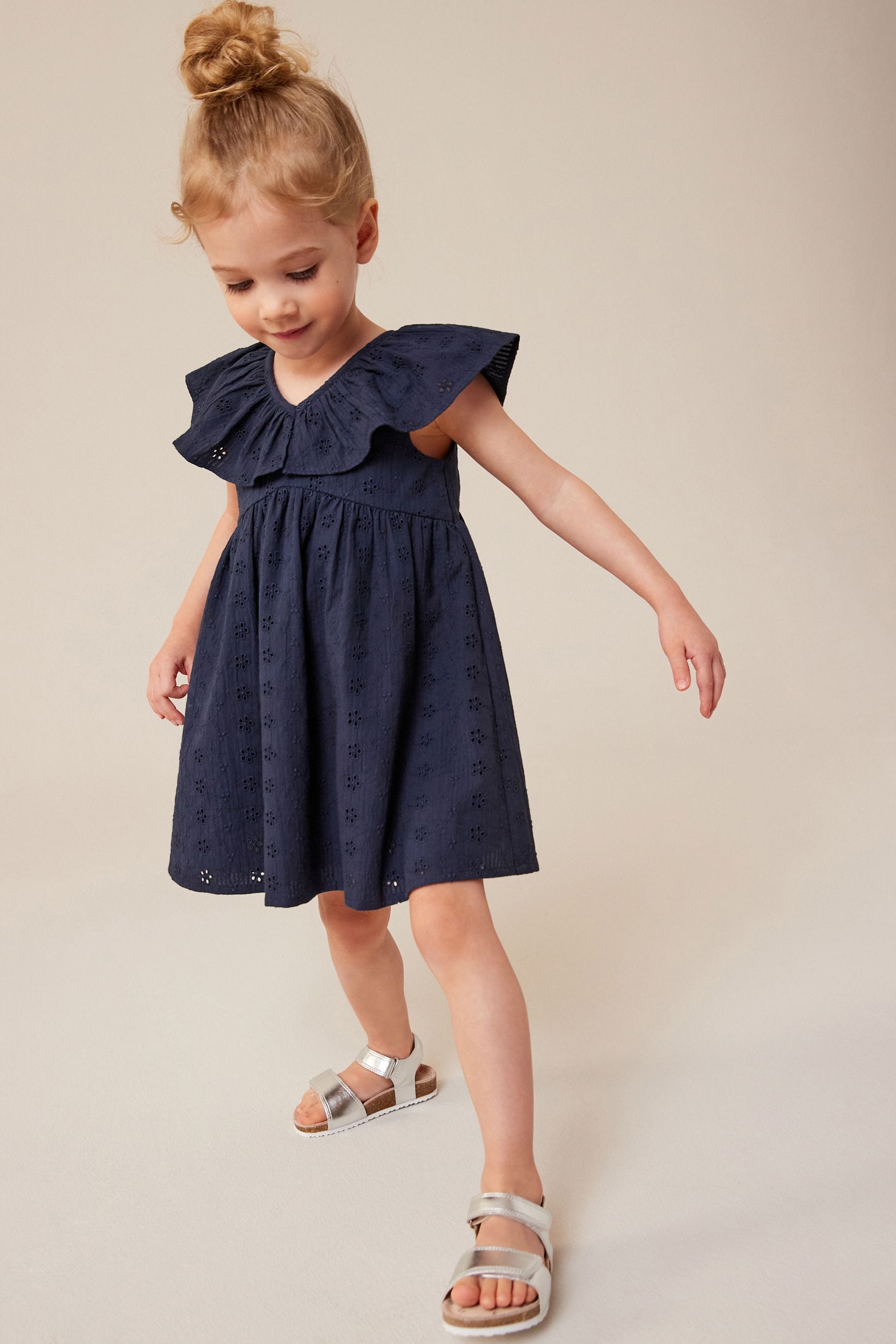 Navy Blue Cotton Broderie Dress (3mths-8yrs)