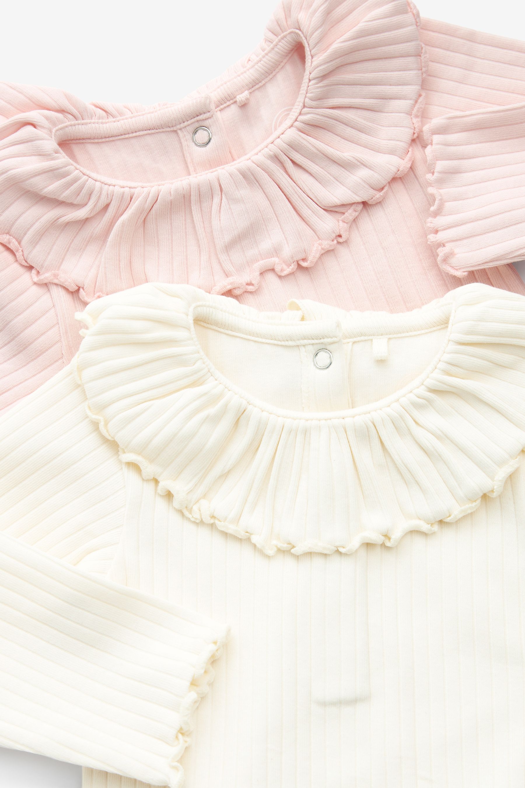 Pink/White Long Sleeved Frill Collar Bodysuits 2 Pack