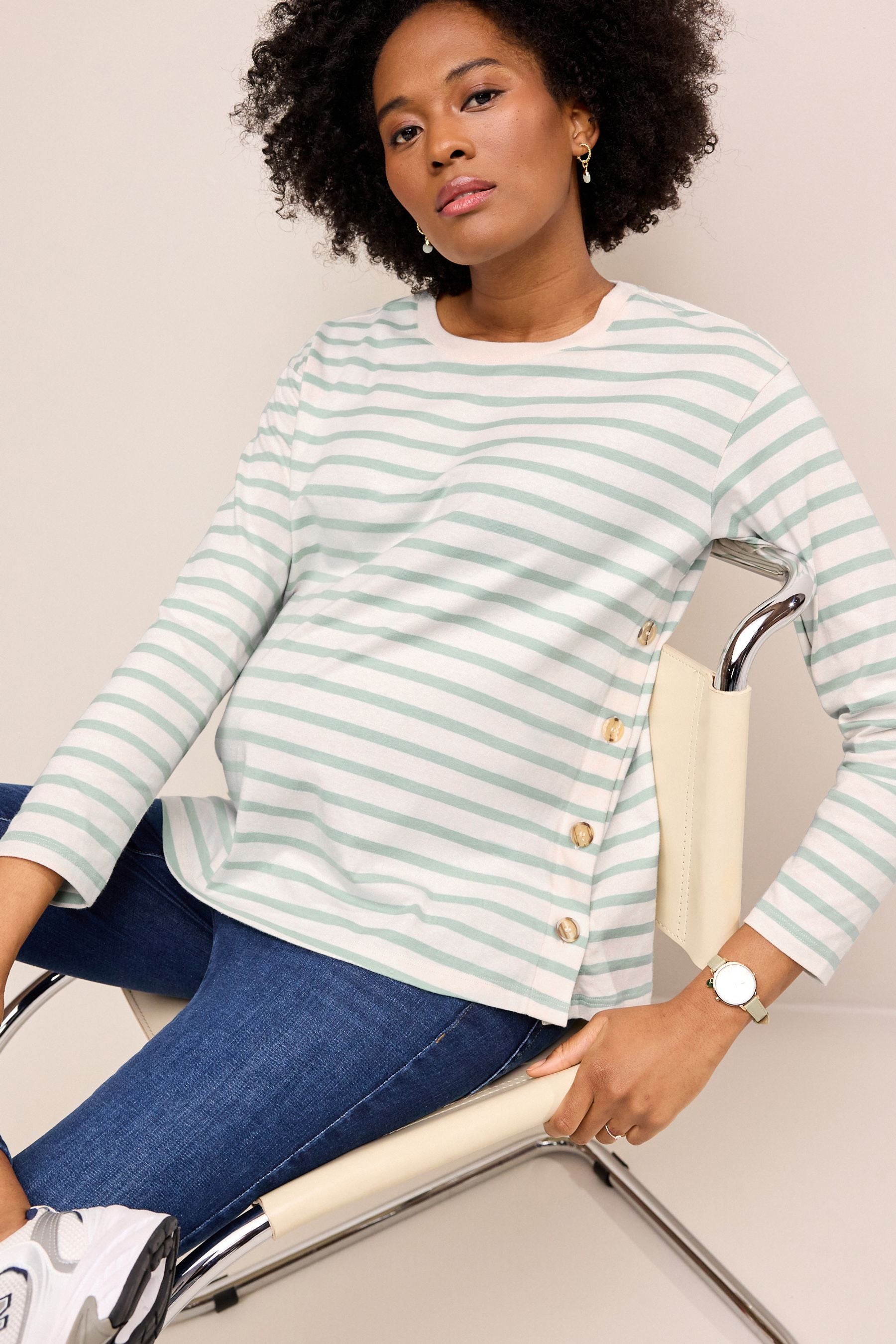 Sage Green Striped Maternity Nursing T-Shirt