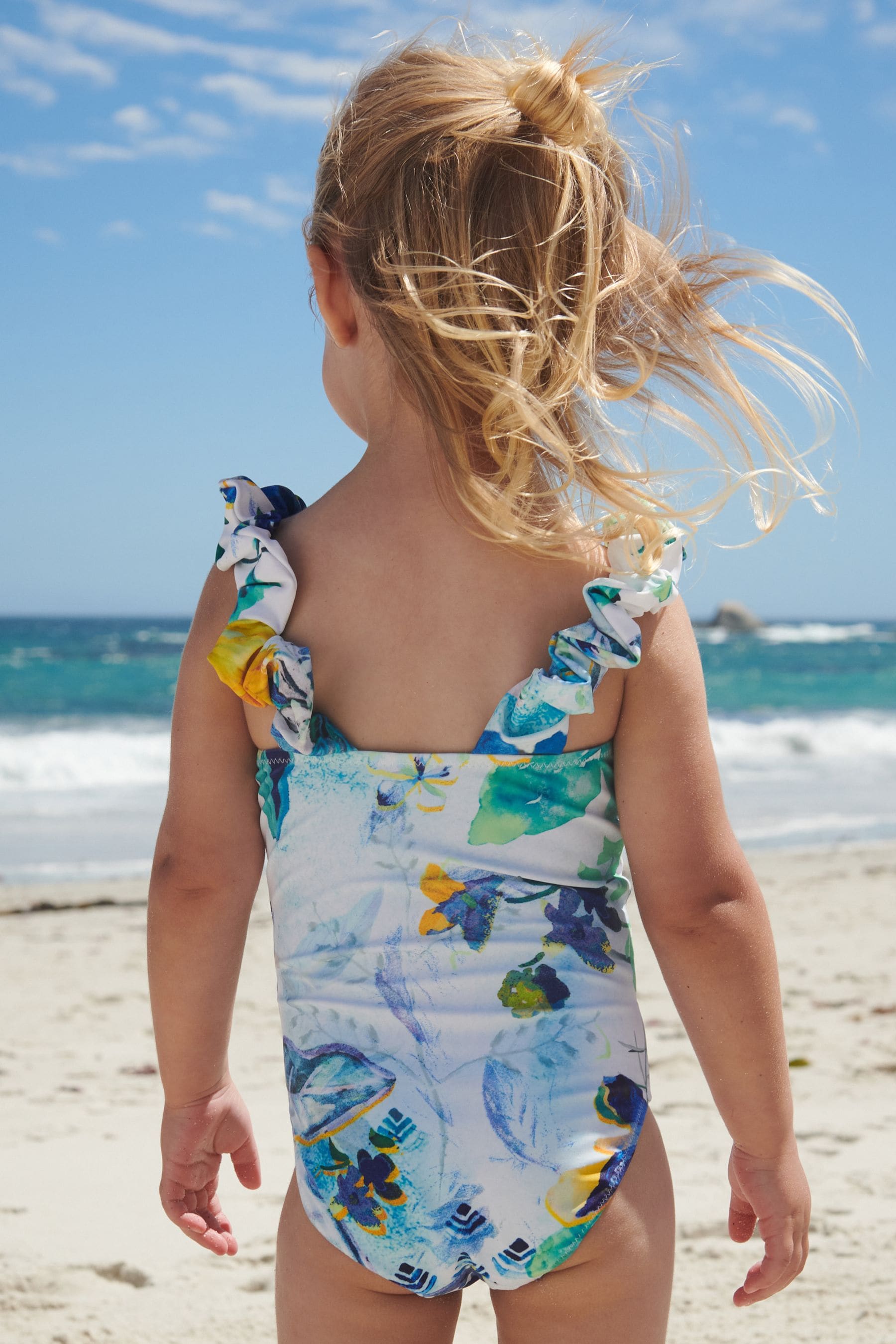 Blue/White Floral Ruched Sleeves Swimsuit (3mths-12yrs)