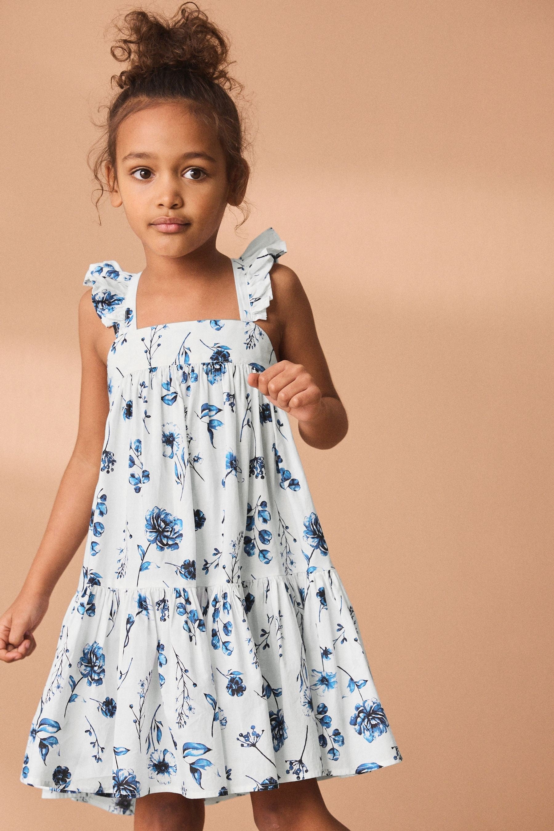 Blue Floral 100% Cotton Printed Tiered Dress (3-16yrs)