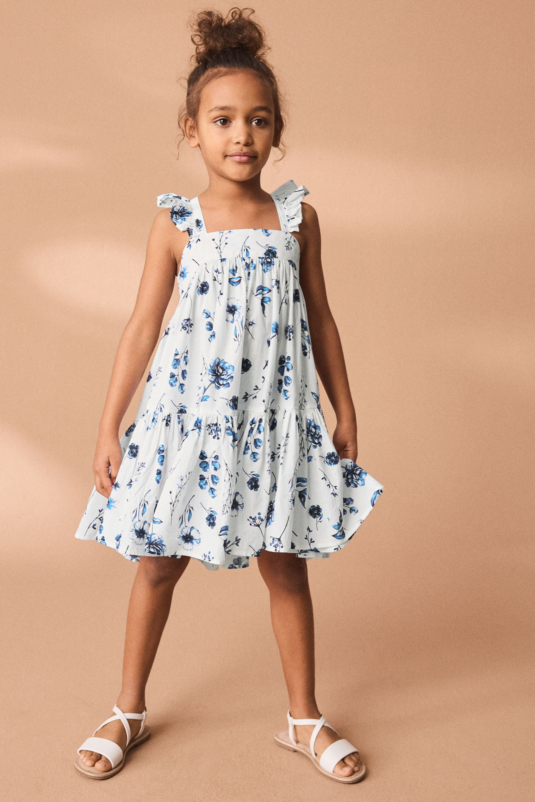 Blue Floral 100% Cotton Printed Tiered Dress (3-16yrs)