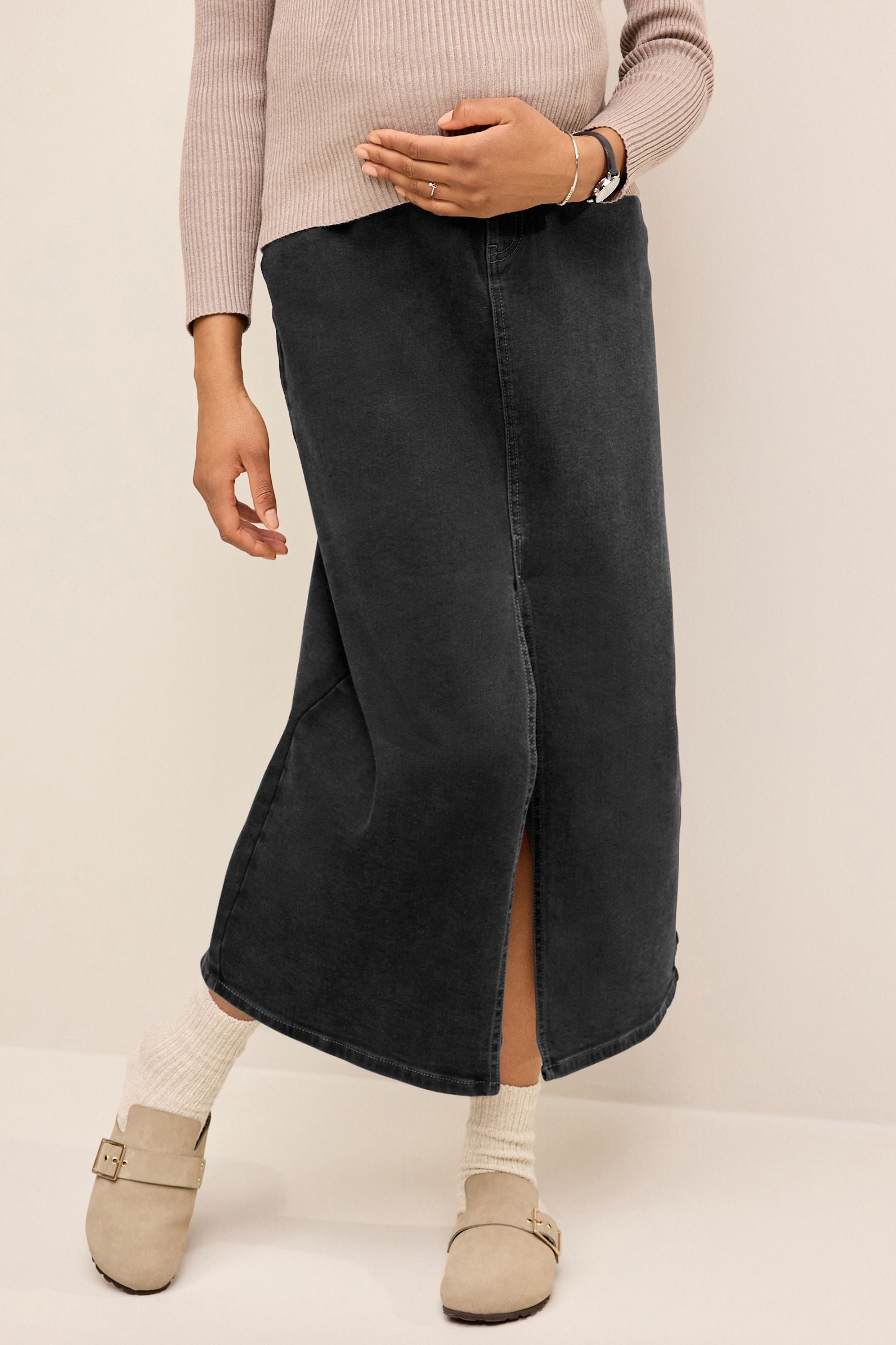 Black Denim Maternity Midaxi Skirt