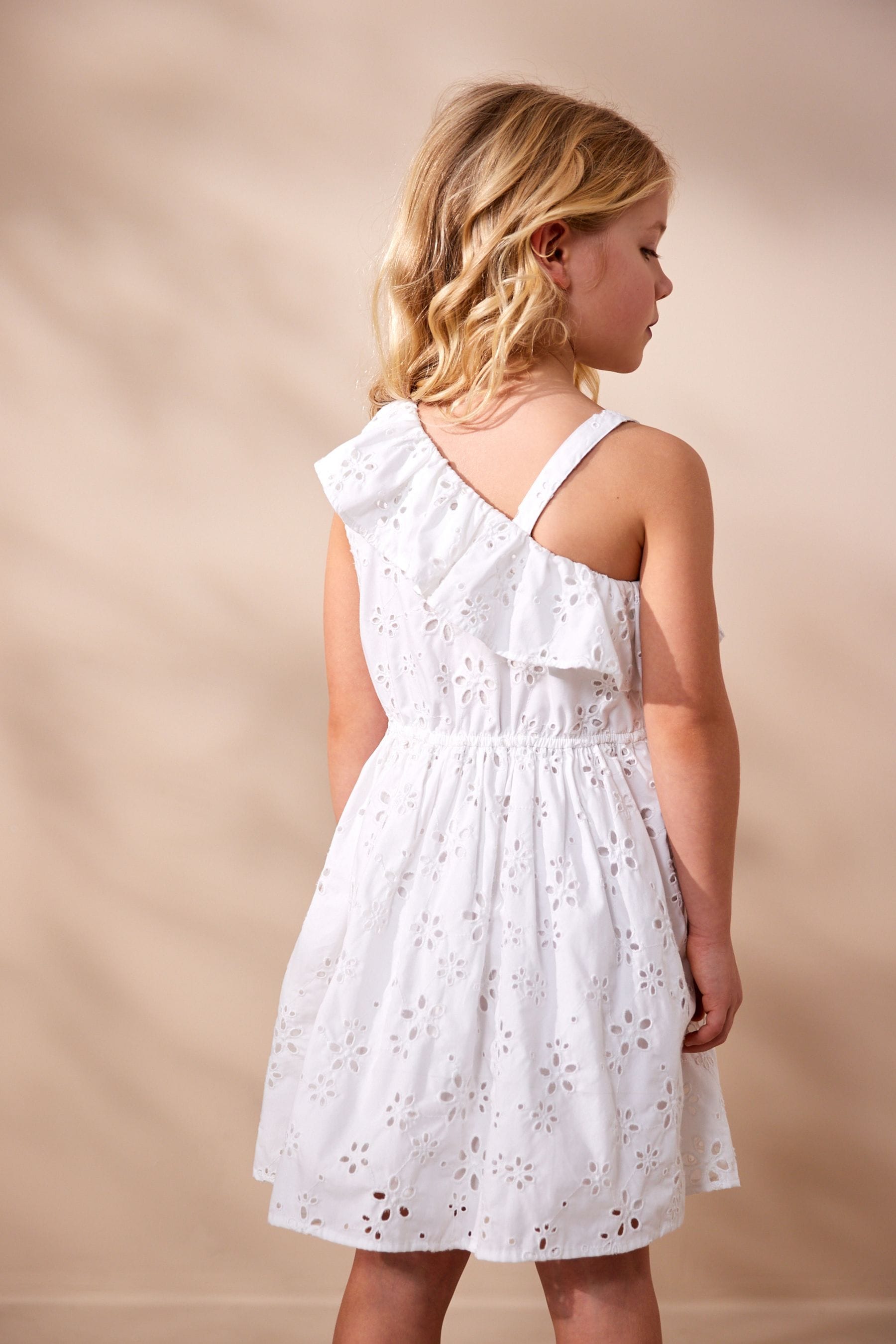 White Broiderie One Shoulder Dress (3-16yrs)