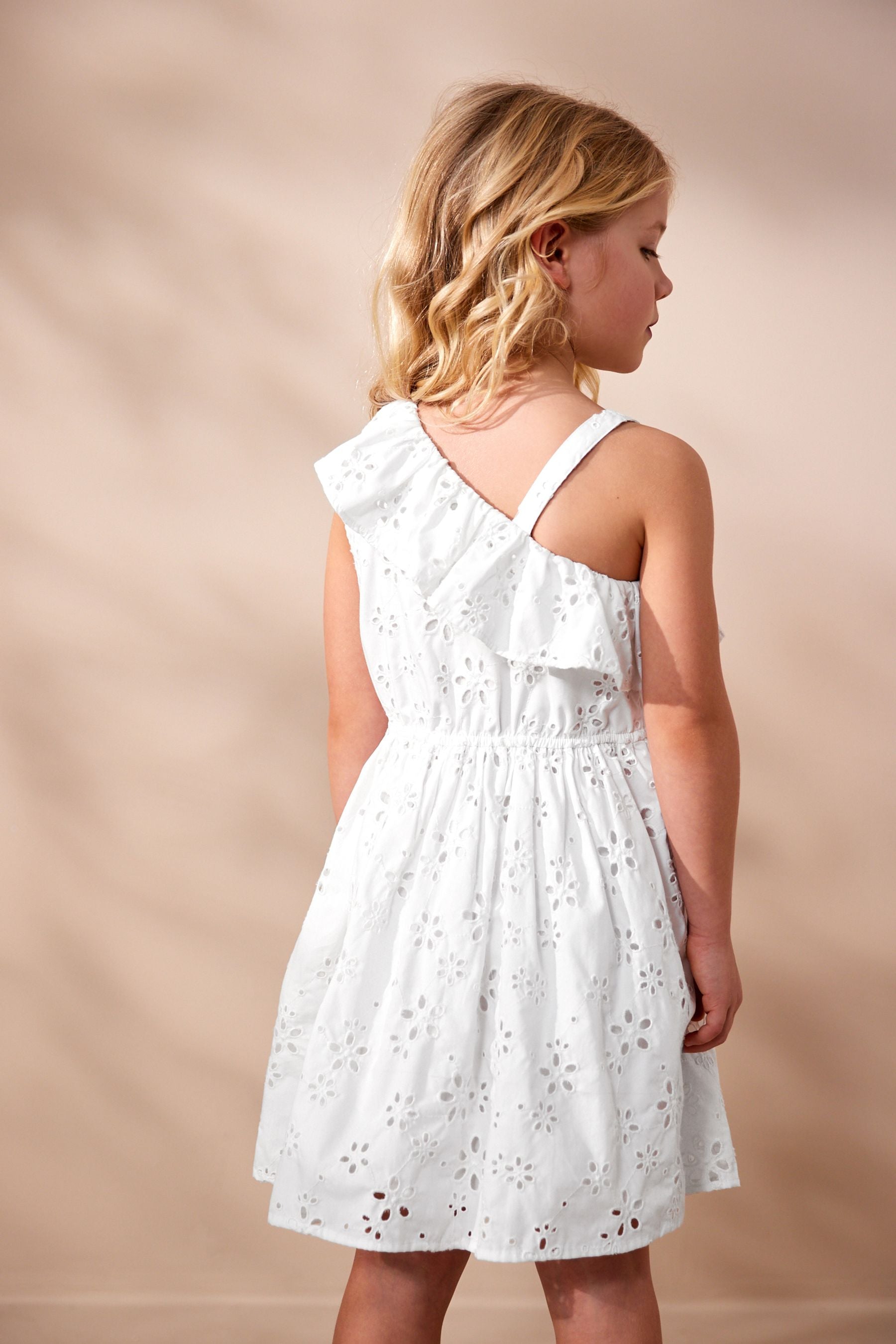 White Broiderie One Shoulder Dress (3-16yrs)