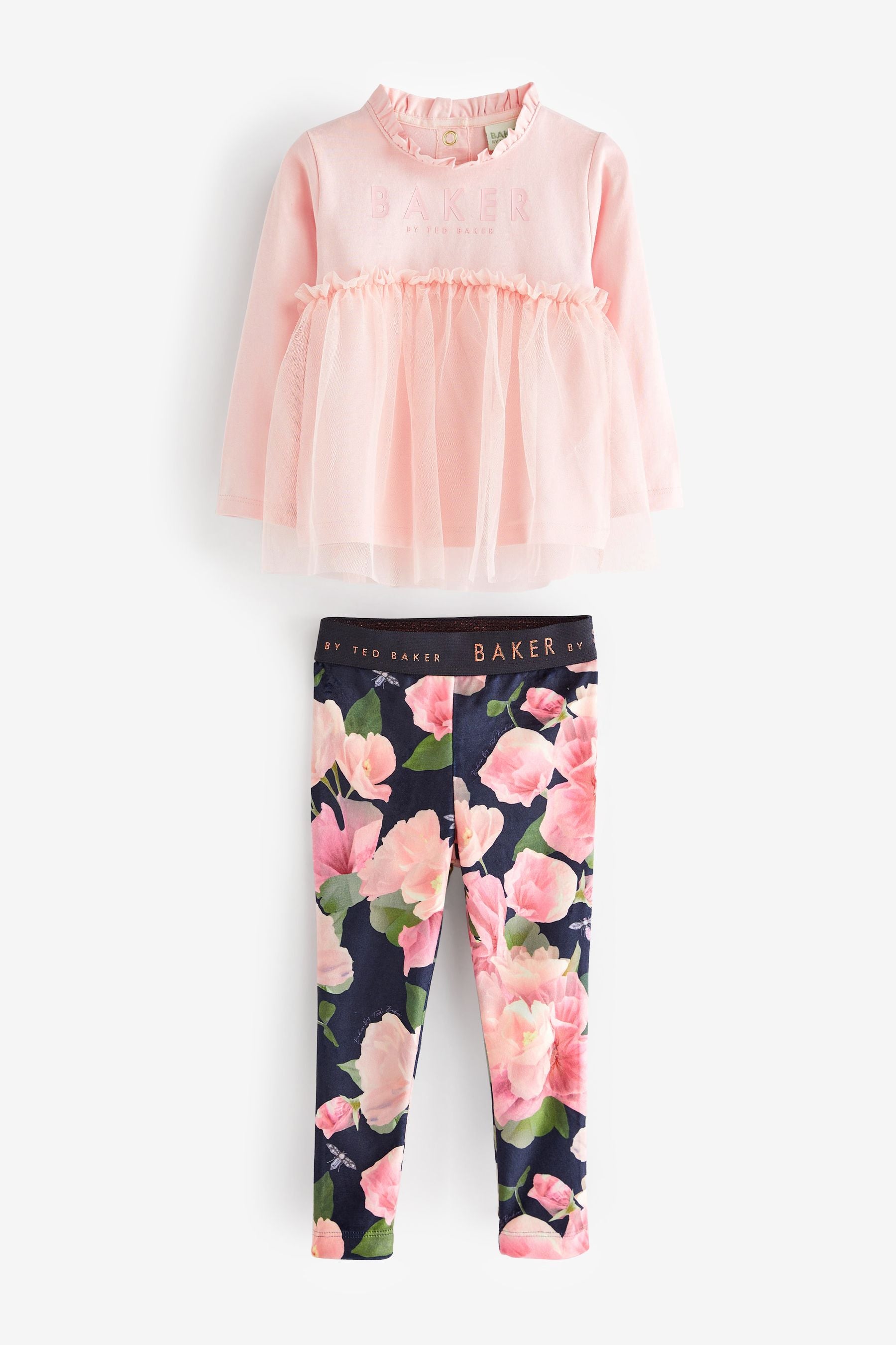 Baker by Ted Baker (0-6yrs) Navy Floral Velour Leggings and Pink Tulle T-Shirt Set