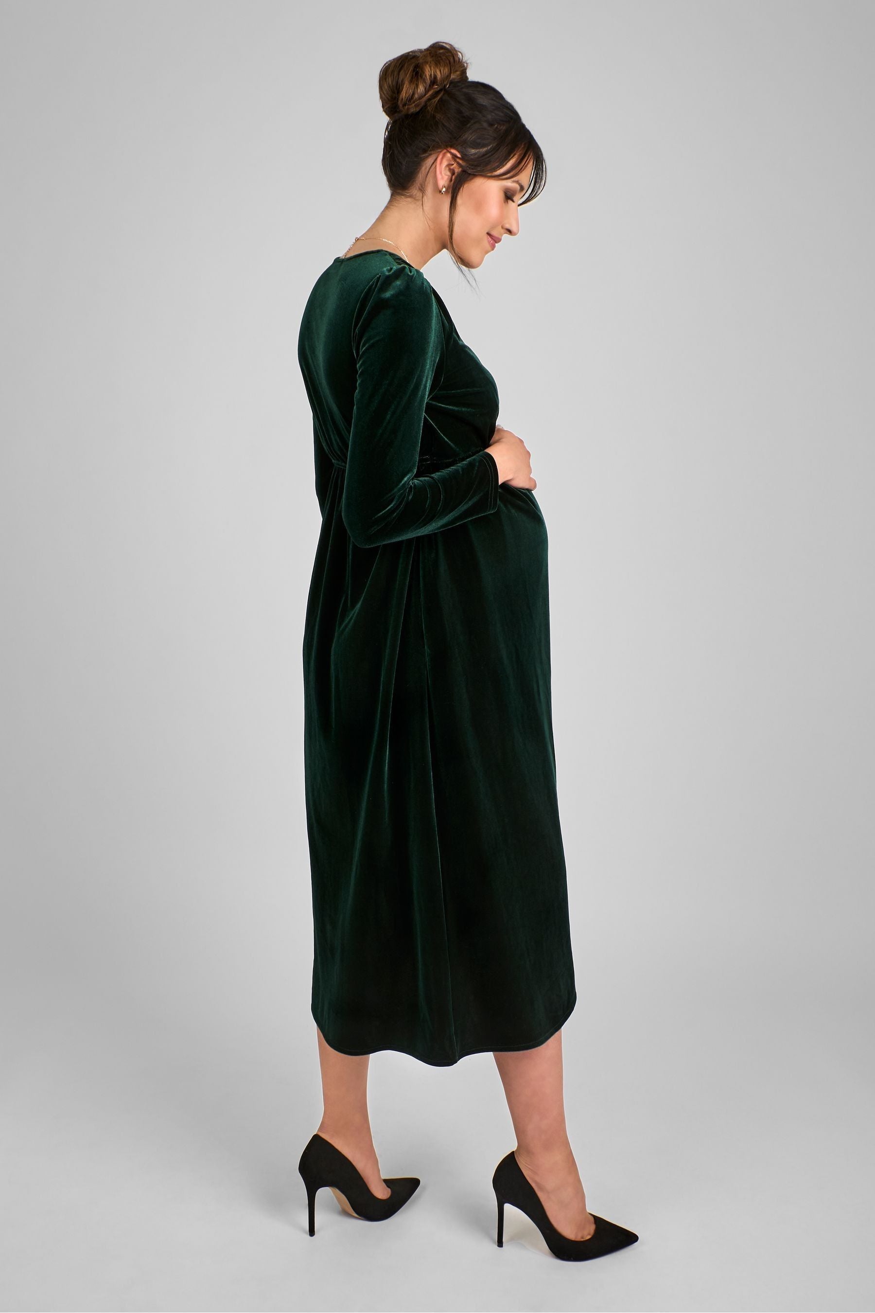 JoJo Maman Bébé Green Velvet V-Neck Maternity & Nursing Wrap Dress