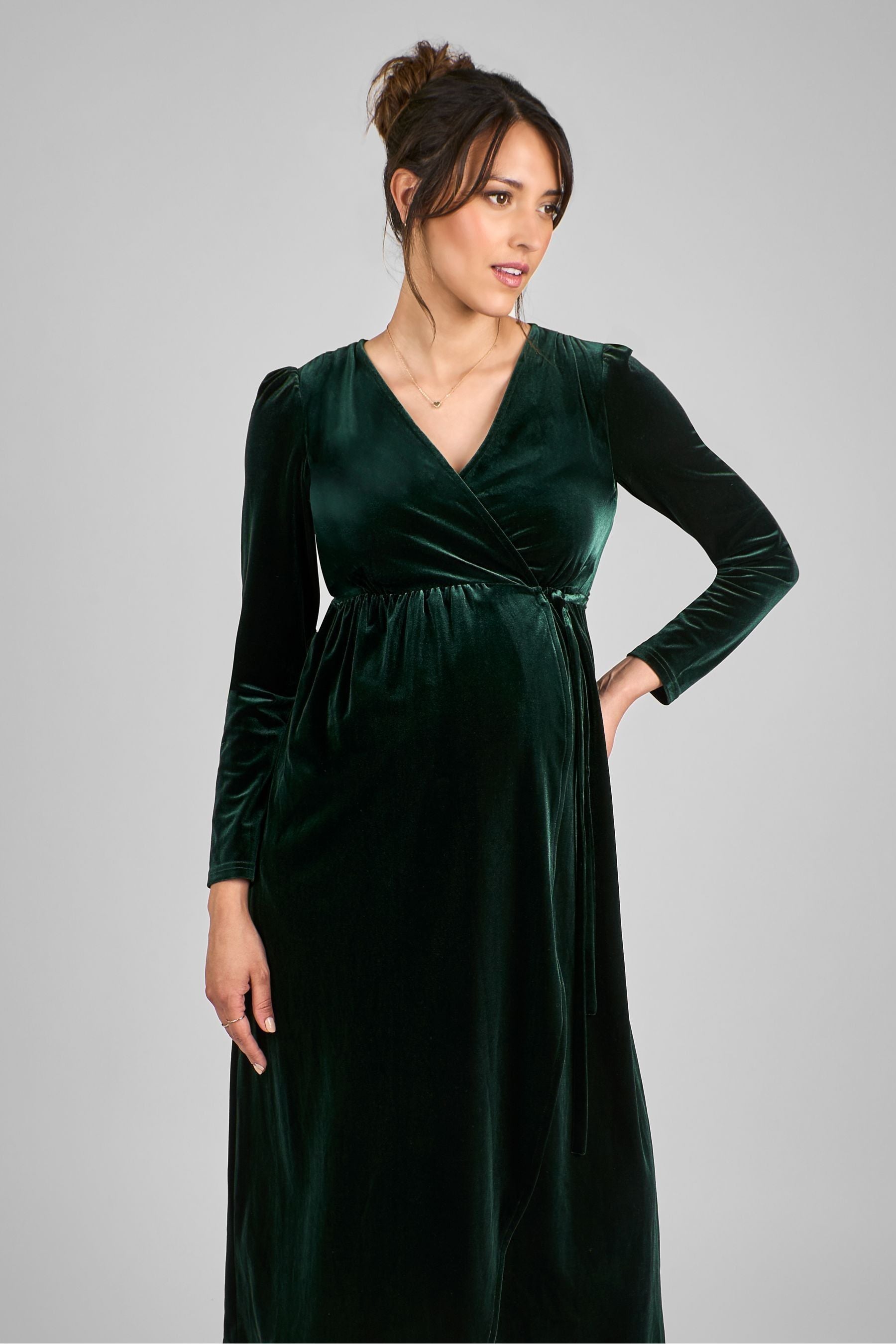 JoJo Maman Bébé Green Velvet V-Neck Maternity & Nursing Wrap Dress