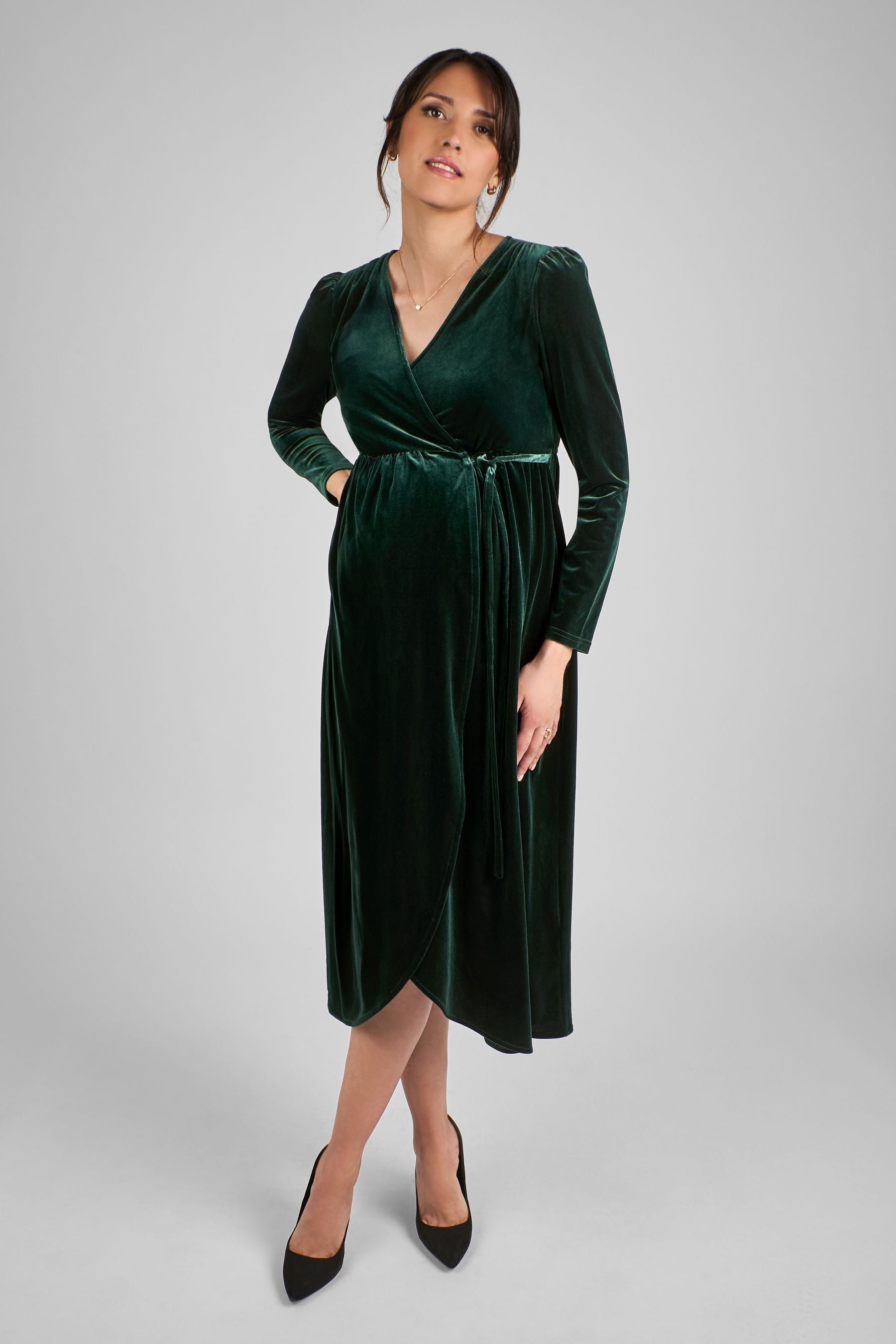 JoJo Maman Bébé Green Velvet V-Neck Maternity & Nursing Wrap Dress