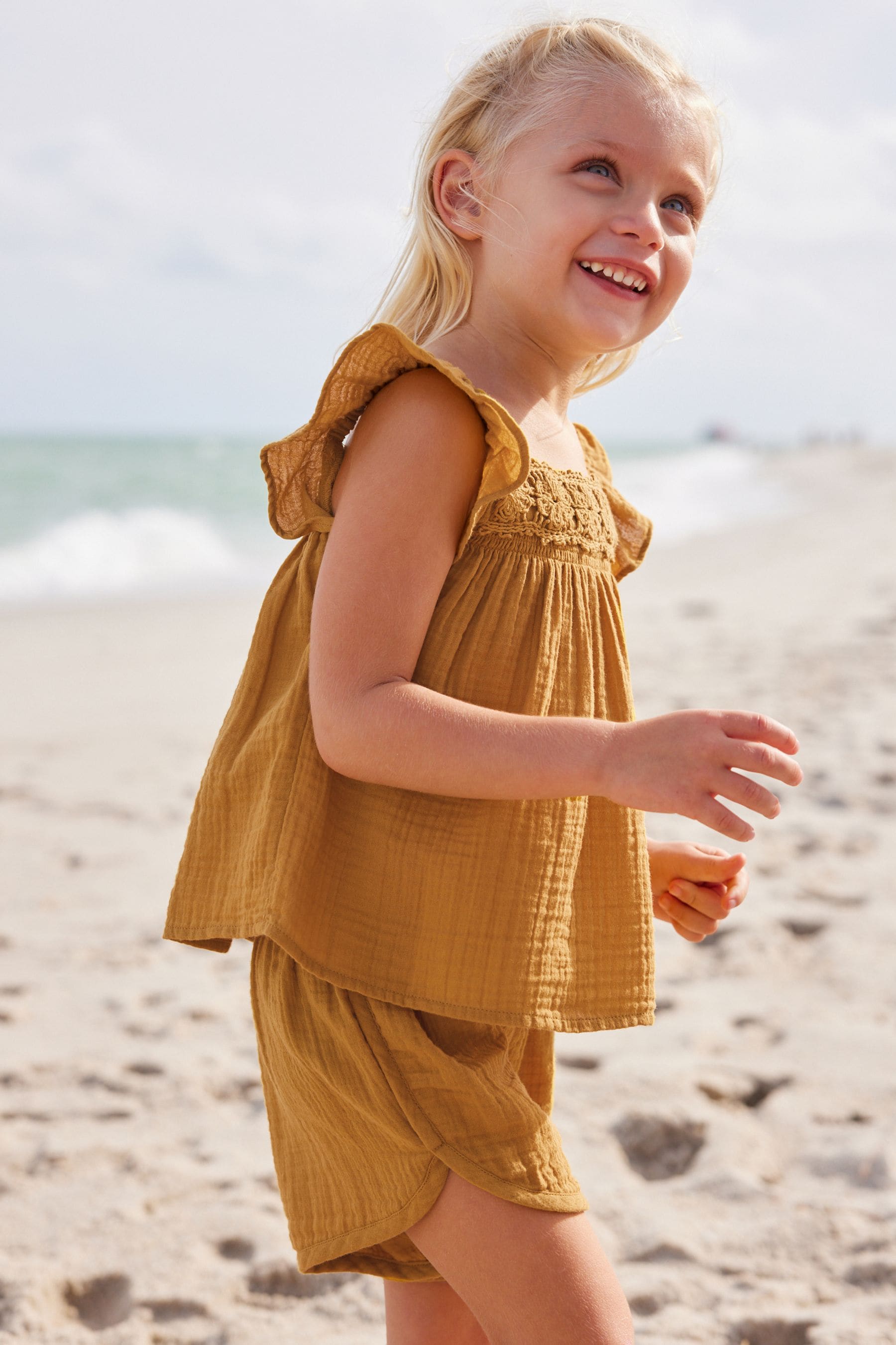 Ochre Yellow Crochet Trim Co-ord Set (3mths-8yrs)