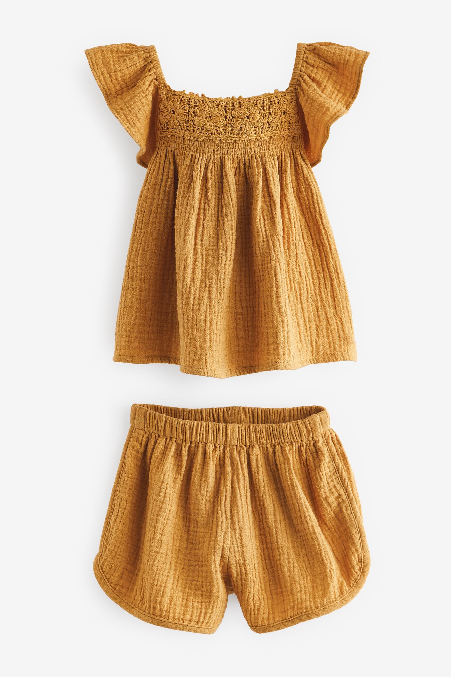 Ochre Yellow Crochet Trim Co-ord Set (3mths-8yrs)