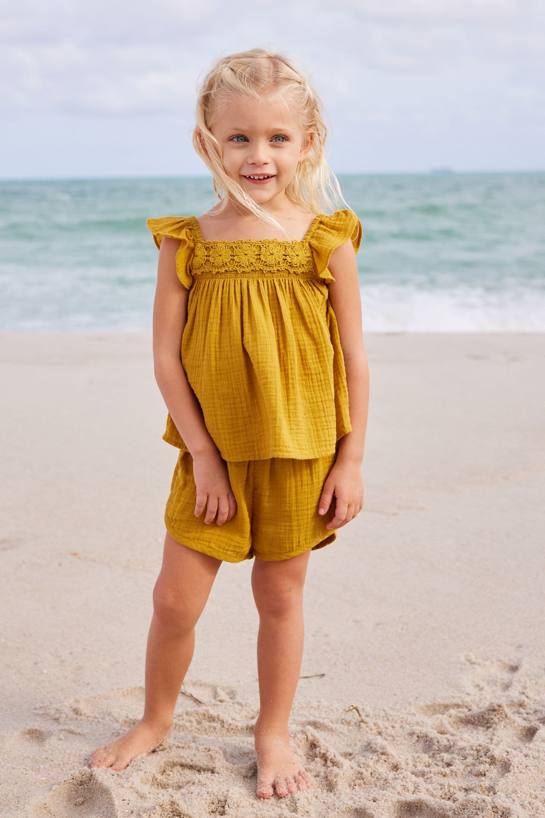 Ochre Yellow Crochet Trim Co-ord Set (3mths-8yrs)