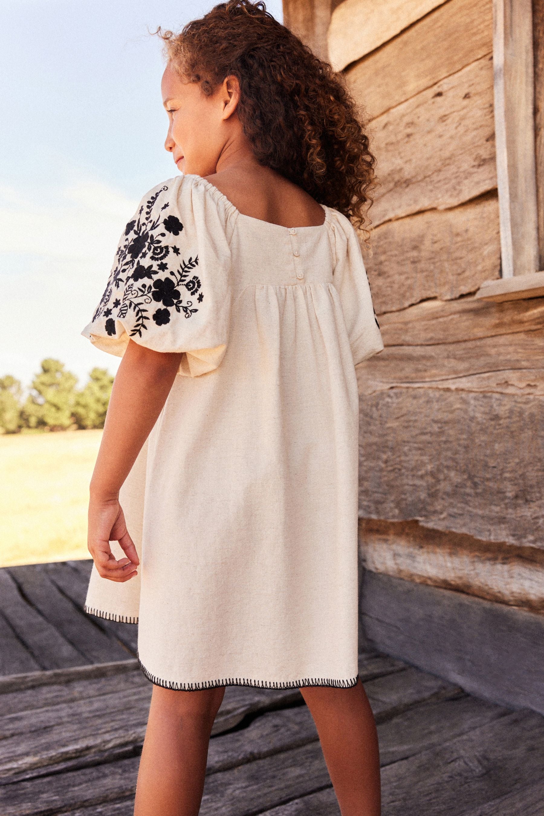 Natural/Black Embroidered Puff Sleeve Dress (3-16yrs)