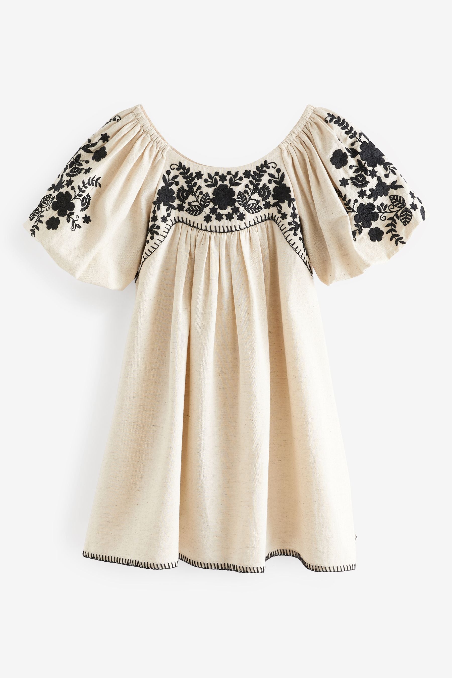 Natural/Black Embroidered Puff Sleeve Dress (3-16yrs)