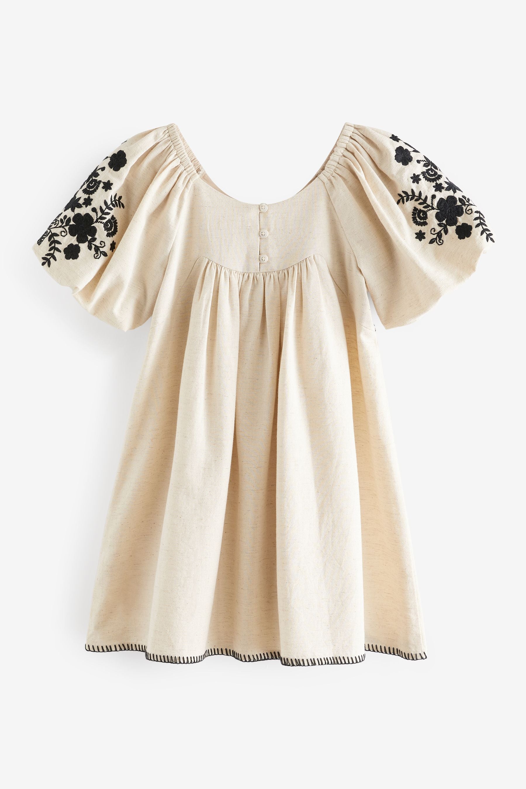 Natural/Black Embroidered Puff Sleeve Dress (3-16yrs)