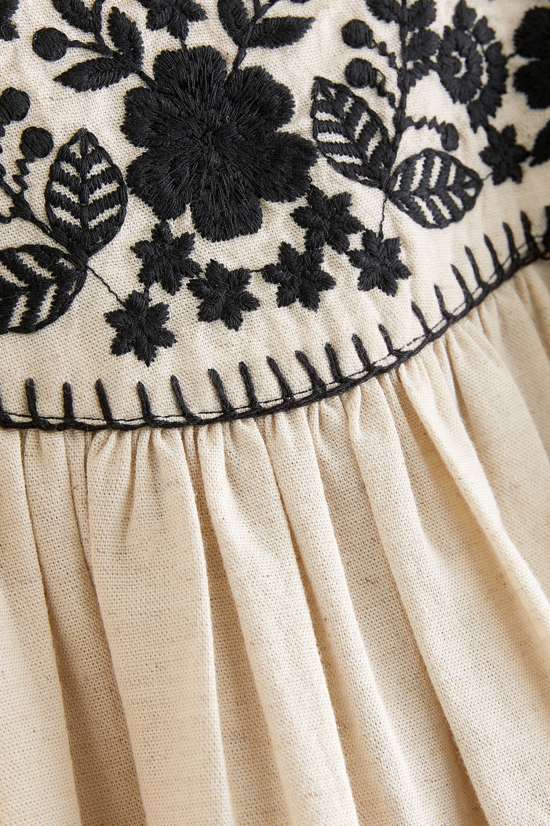 Natural/Black Embroidered Puff Sleeve Dress (3-16yrs)