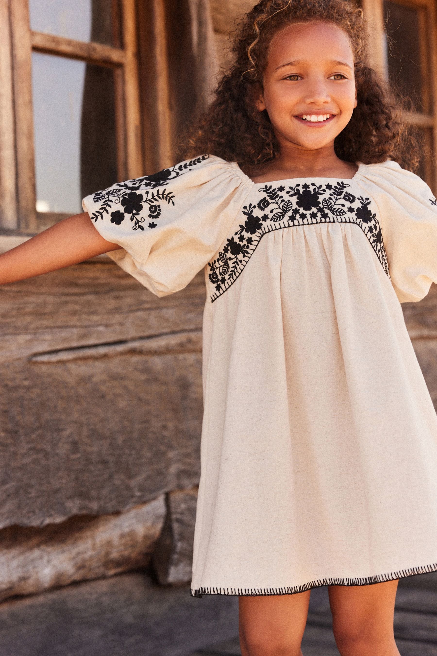 Natural/Black Embroidered Puff Sleeve Dress (3-16yrs)