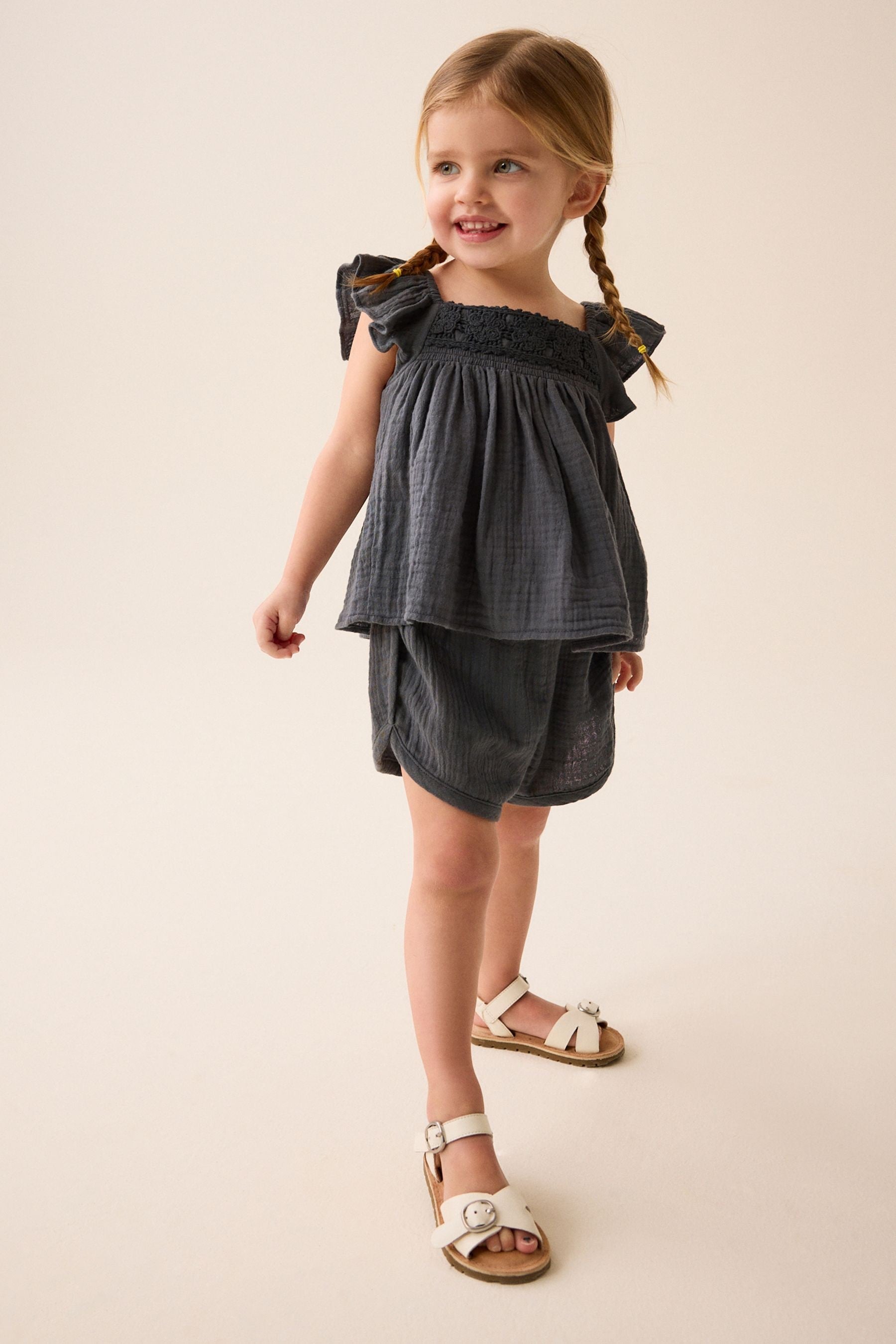 Charcoal Grey Crochet Trim Co-ord Set (3mths-8yrs)