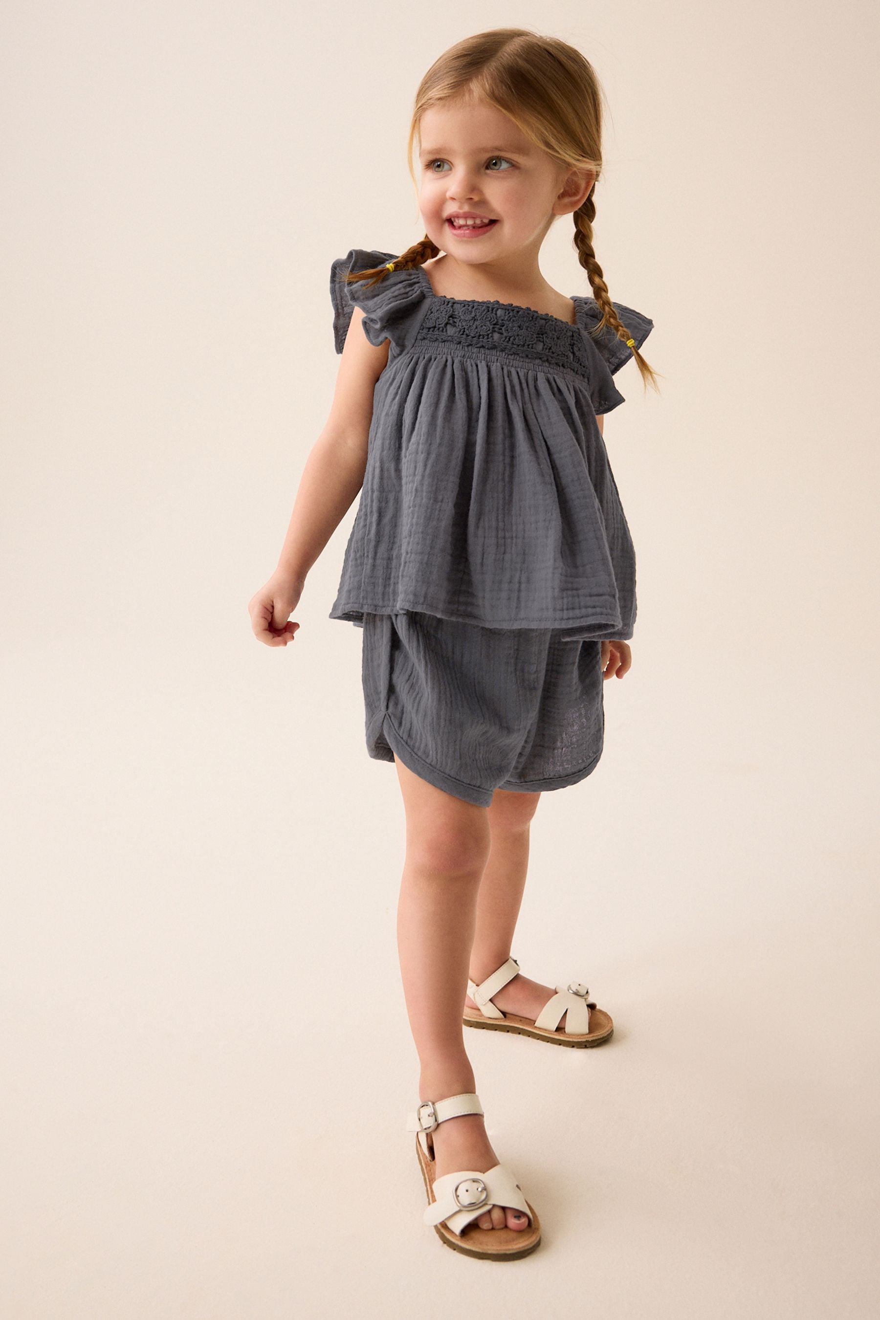 Charcoal Grey Crochet Trim Co-ord Set (3mths-8yrs)