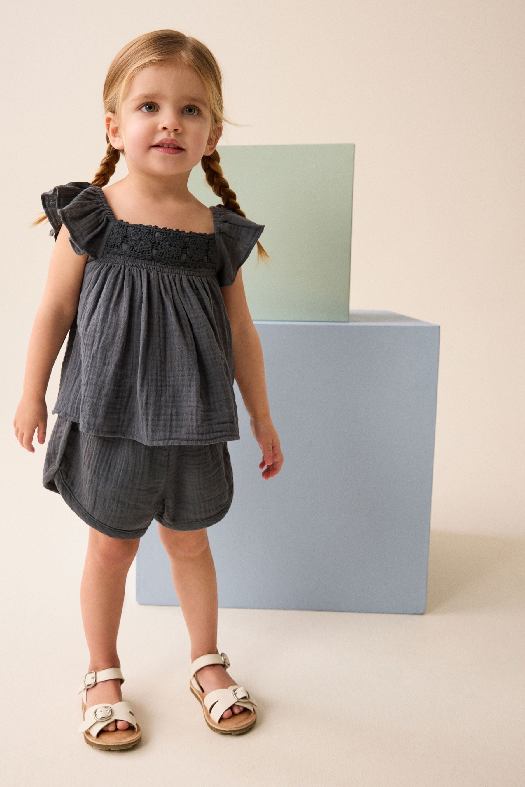 Charcoal Grey Crochet Trim Co-ord Set (3mths-8yrs)