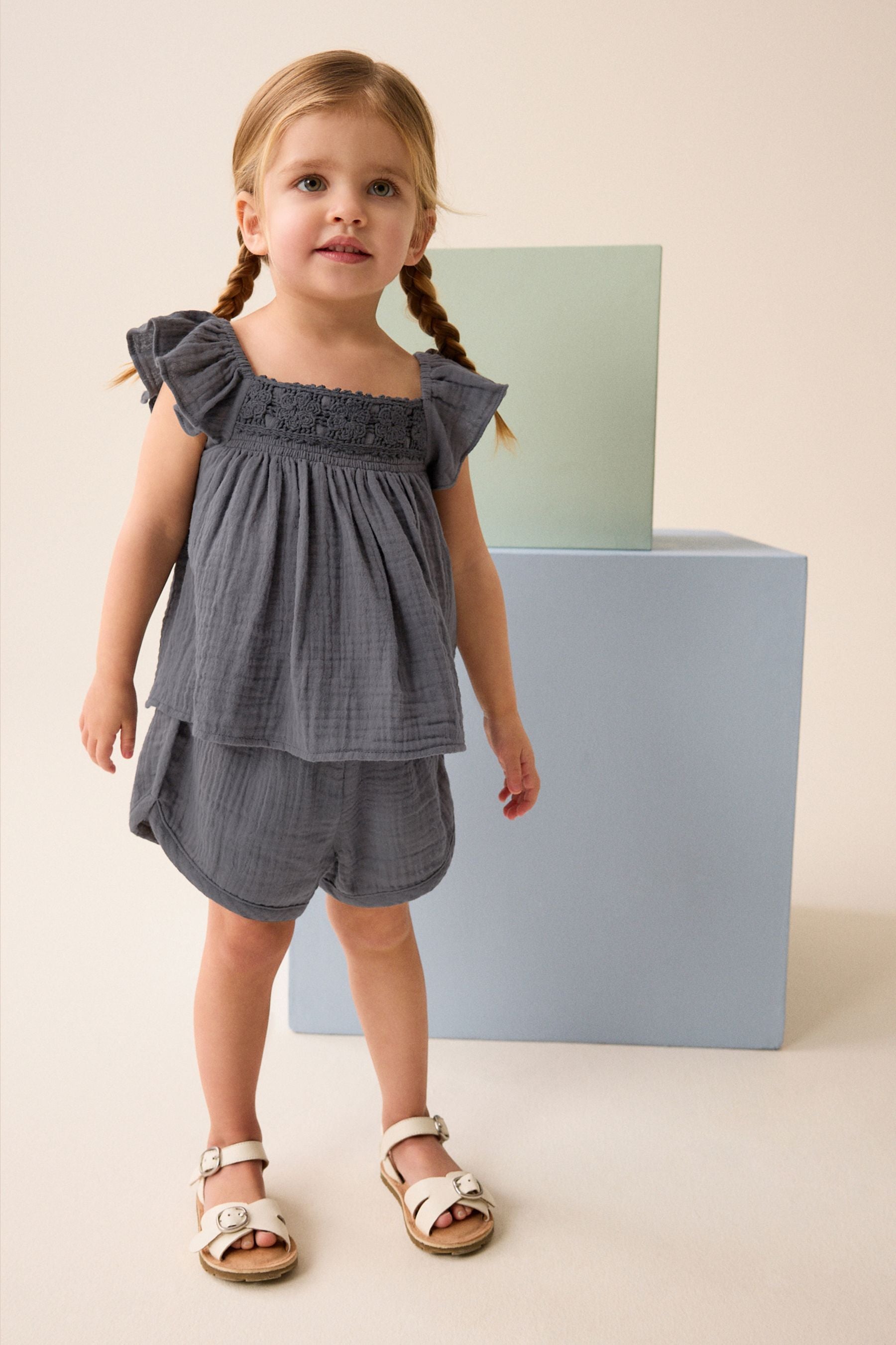 Charcoal Grey Crochet Trim Co-ord Set (3mths-8yrs)