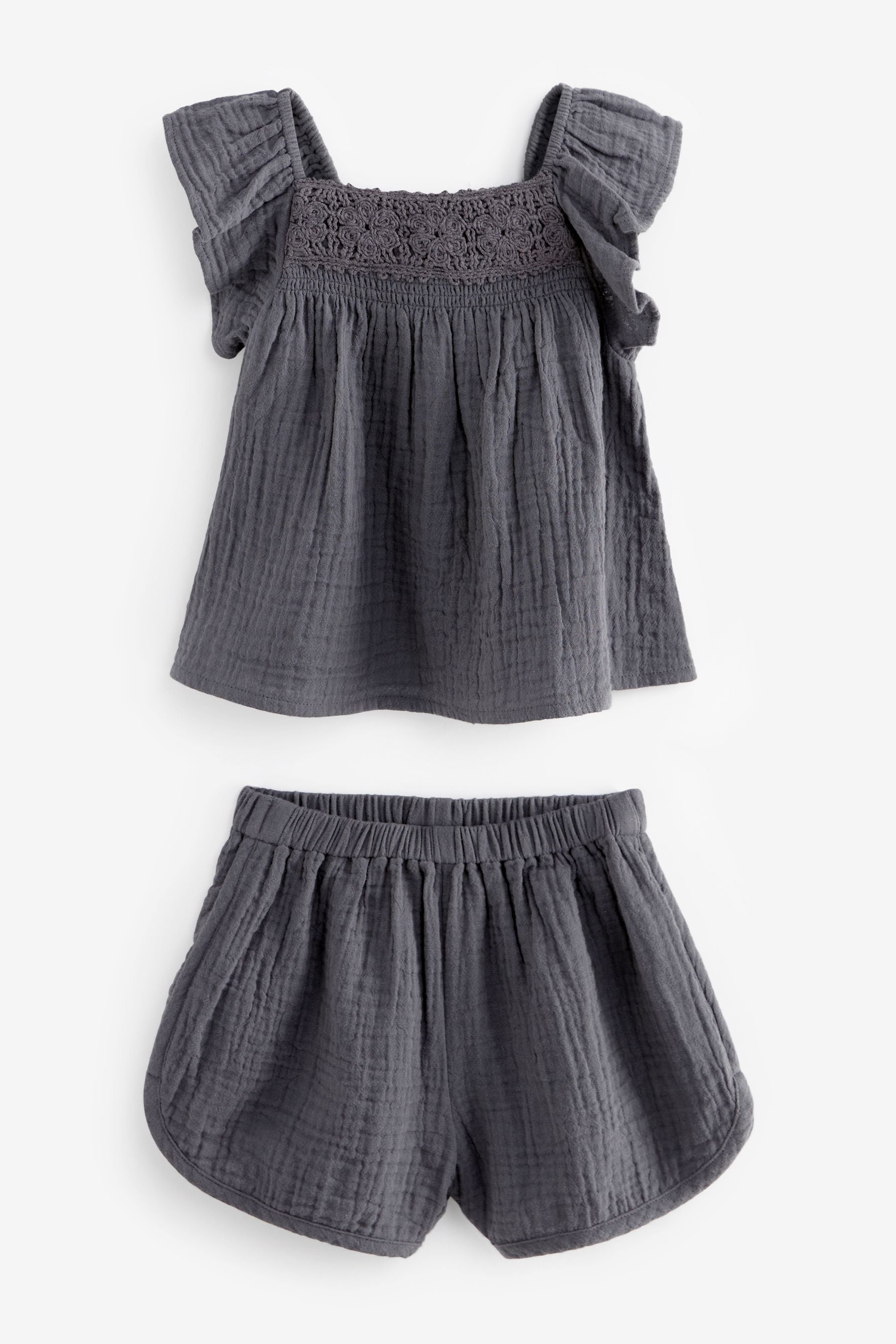 Charcoal Grey Crochet Trim Co-ord Set (3mths-8yrs)