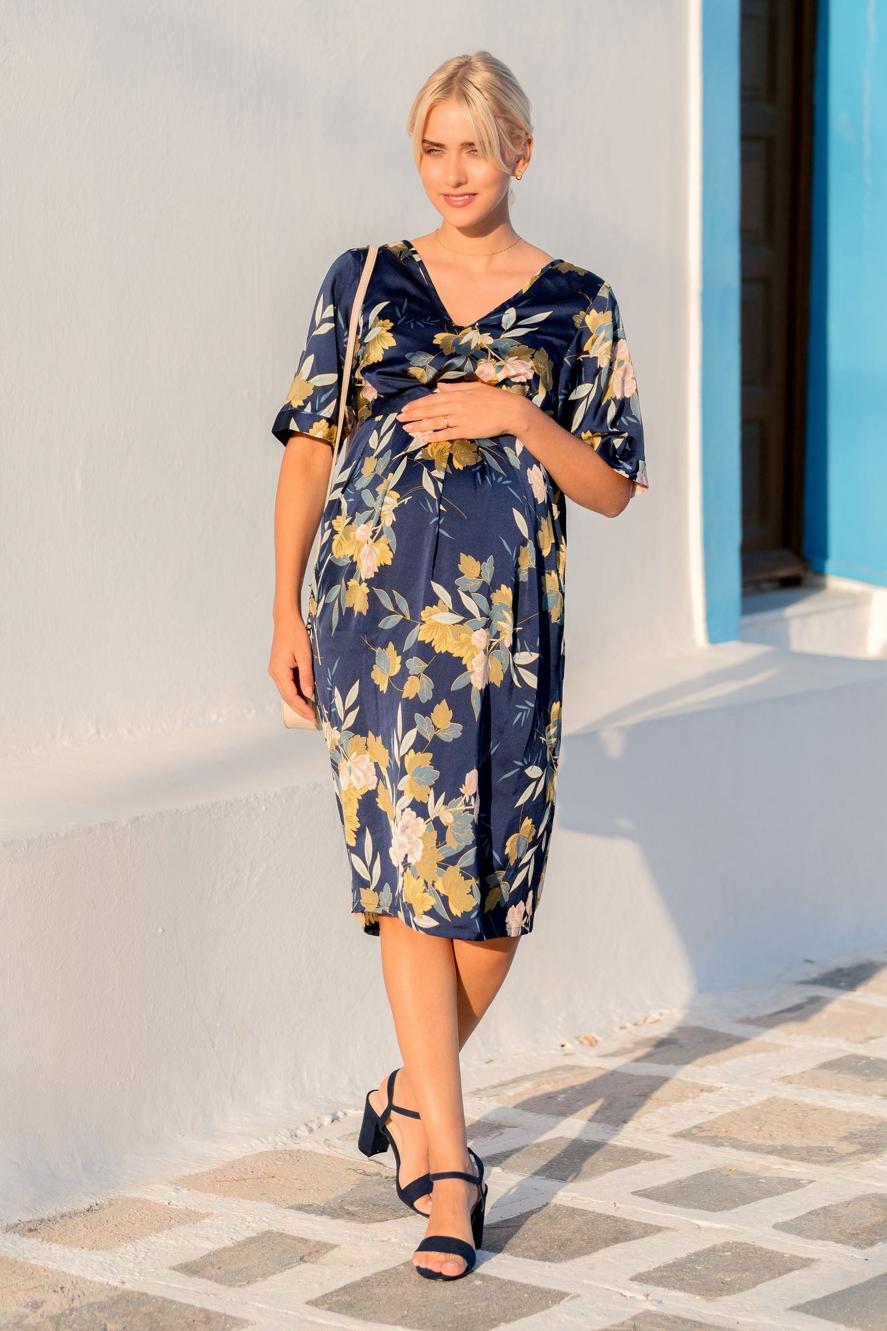 Navy JoJo Maman Bébé Oriental Print Maternity & Nursing Dress