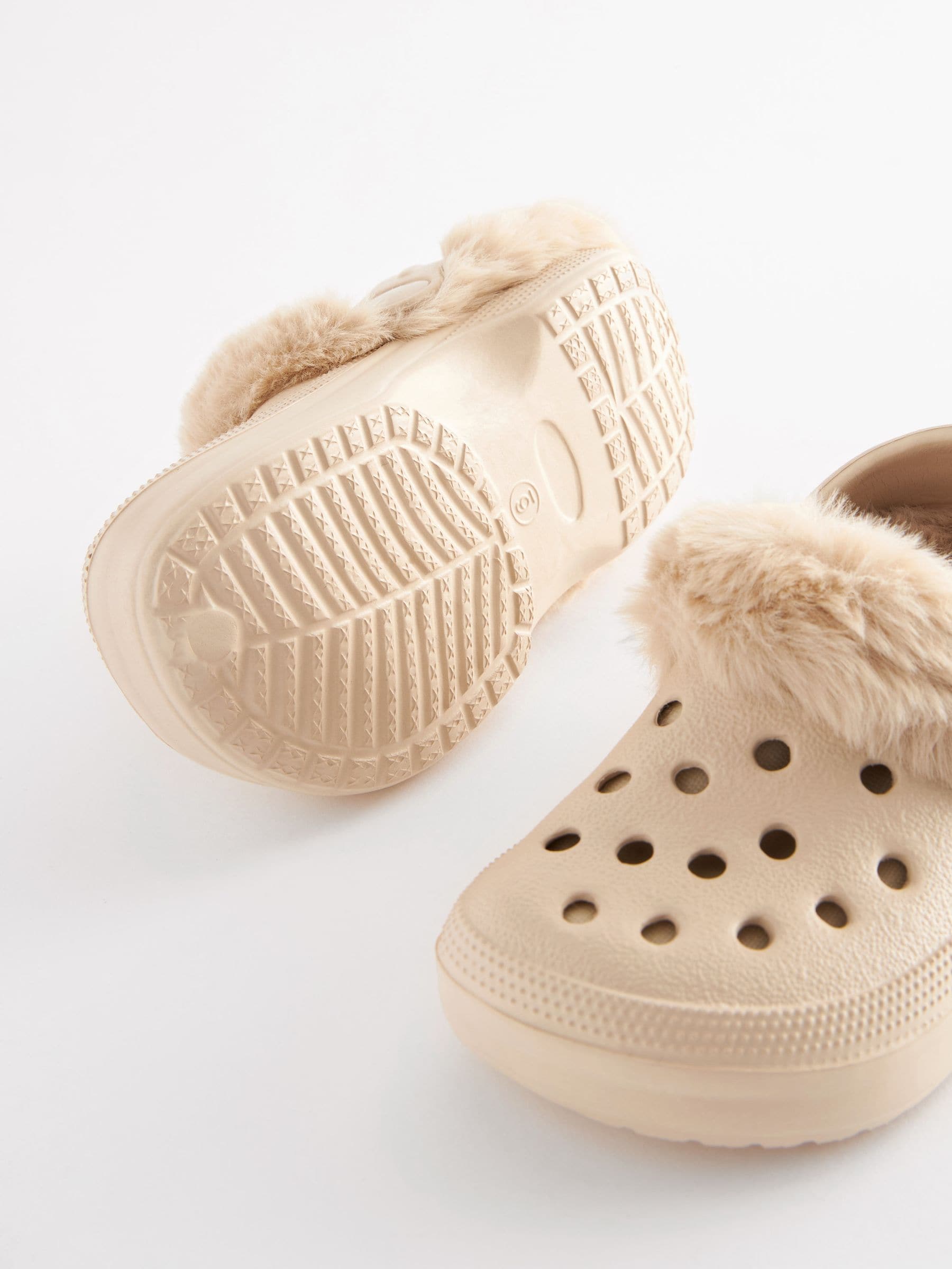 Neutral Beige Faux Fur Lined Clog Slippers