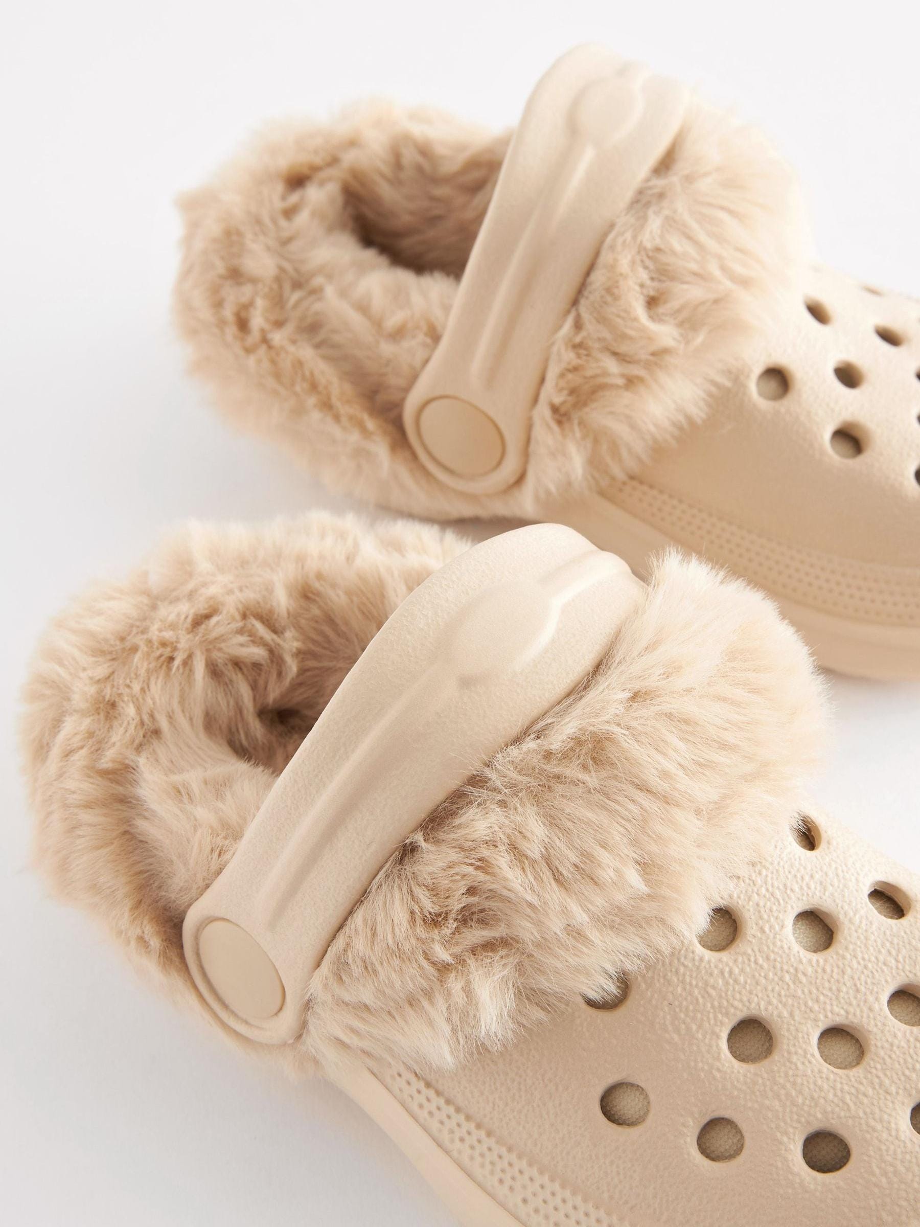 Neutral Beige Faux Fur Lined Clog Slippers