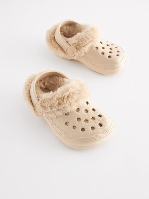 Neutral Beige Faux Fur Lined Clog Slippers