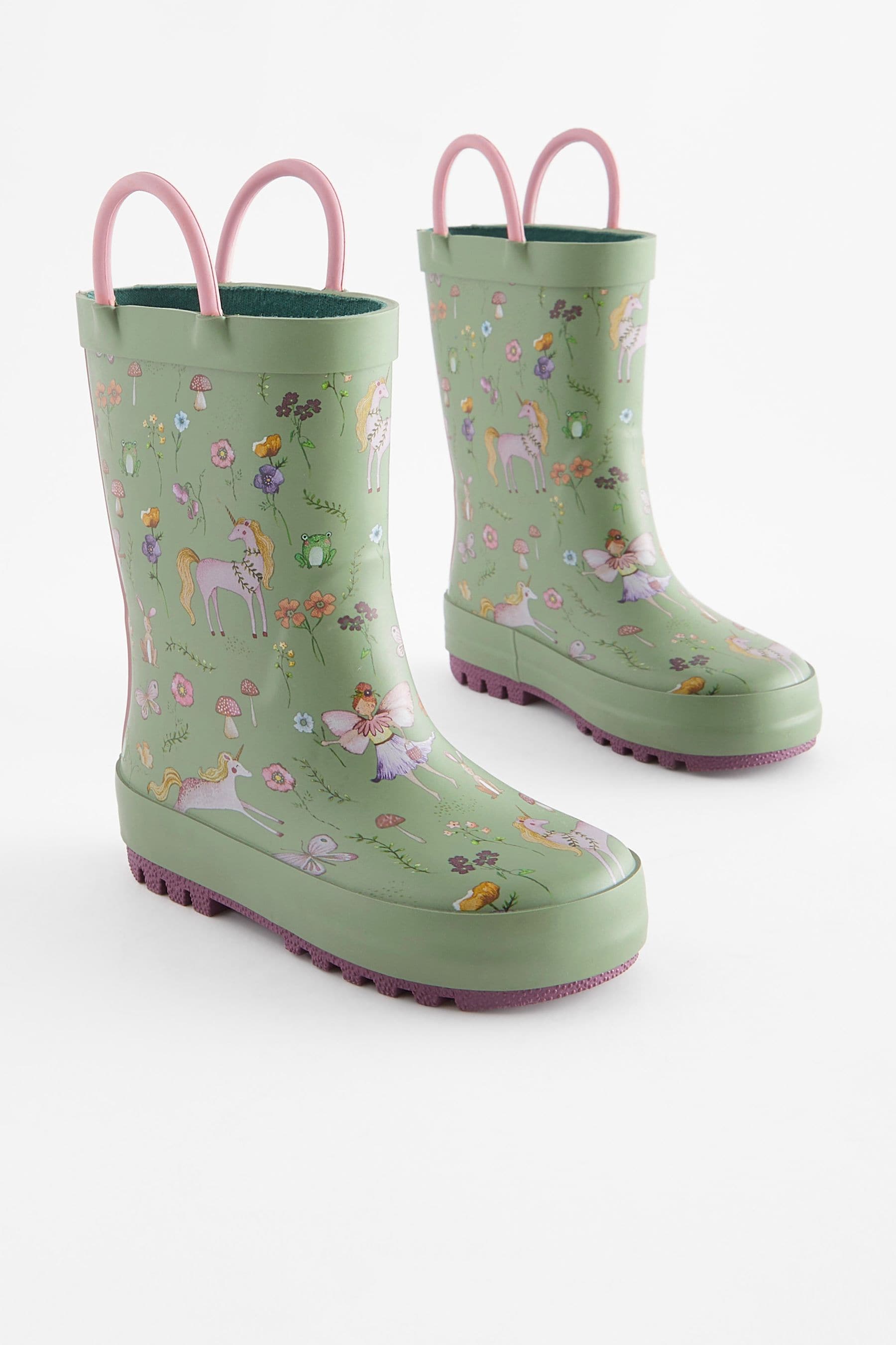 Green Floral Unicorn Fairy Character Handle Wellies