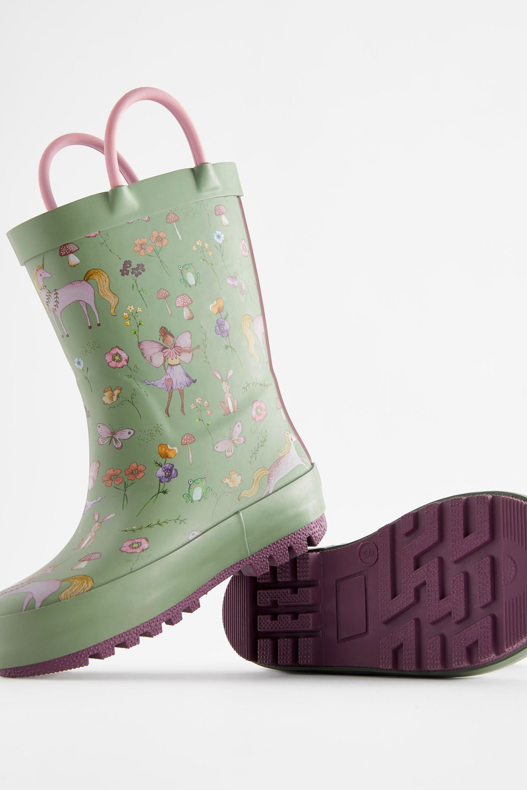 Green Floral Unicorn Fairy Character Handle Wellies