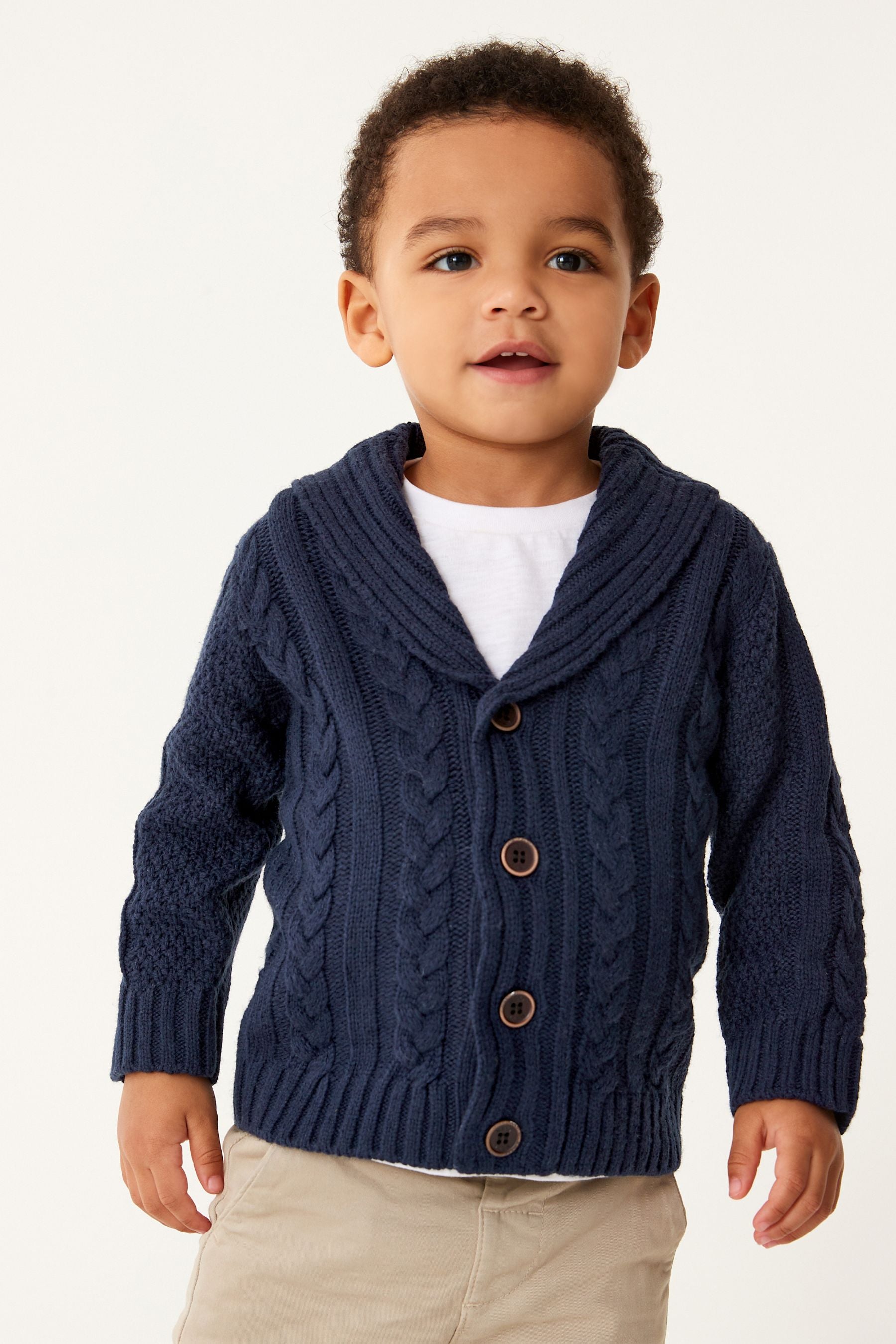 Navy Blue Shawl Collar Cable Cardigan (3mths-7yrs)