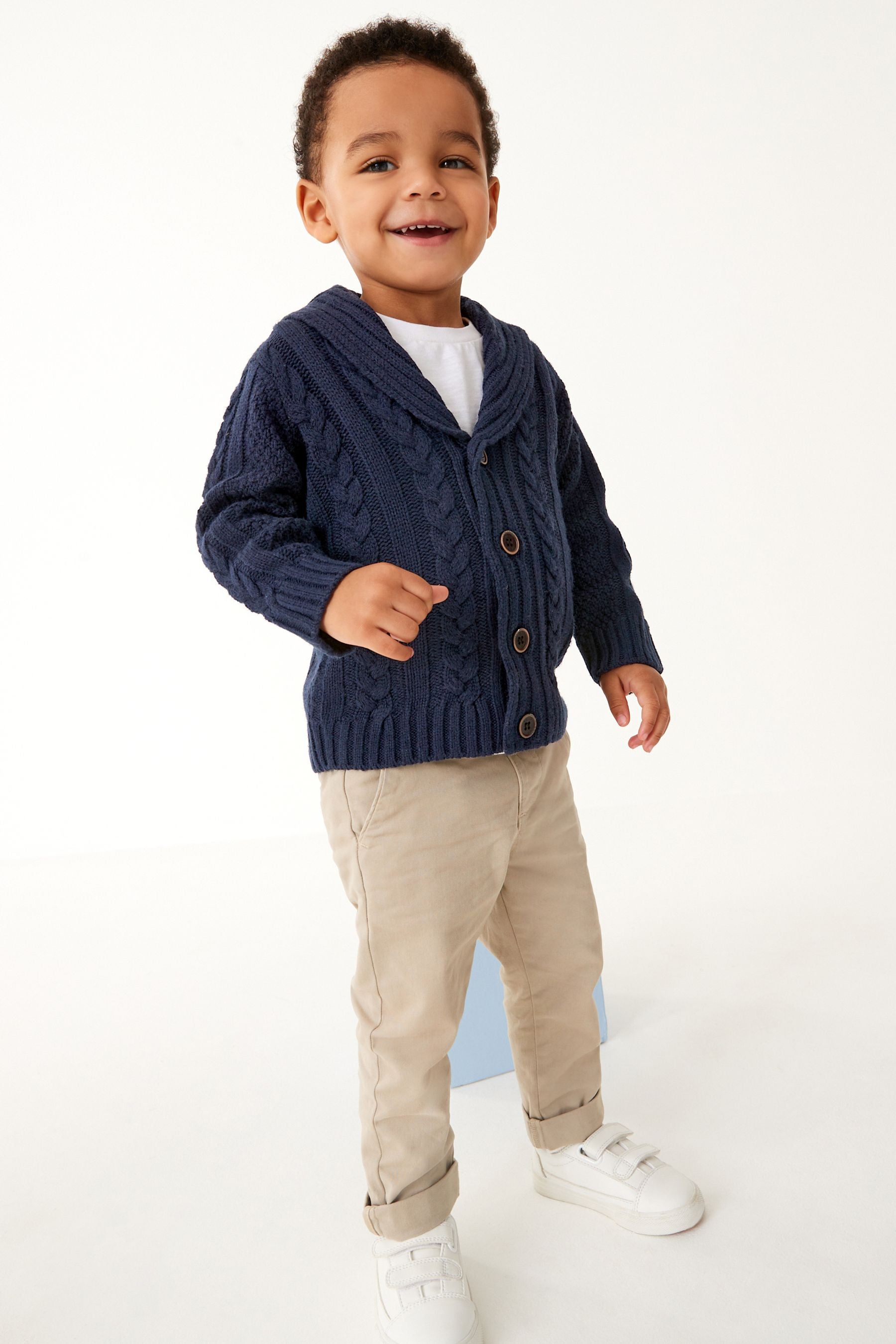 Navy Blue Shawl Collar Cable Cardigan (3mths-7yrs)