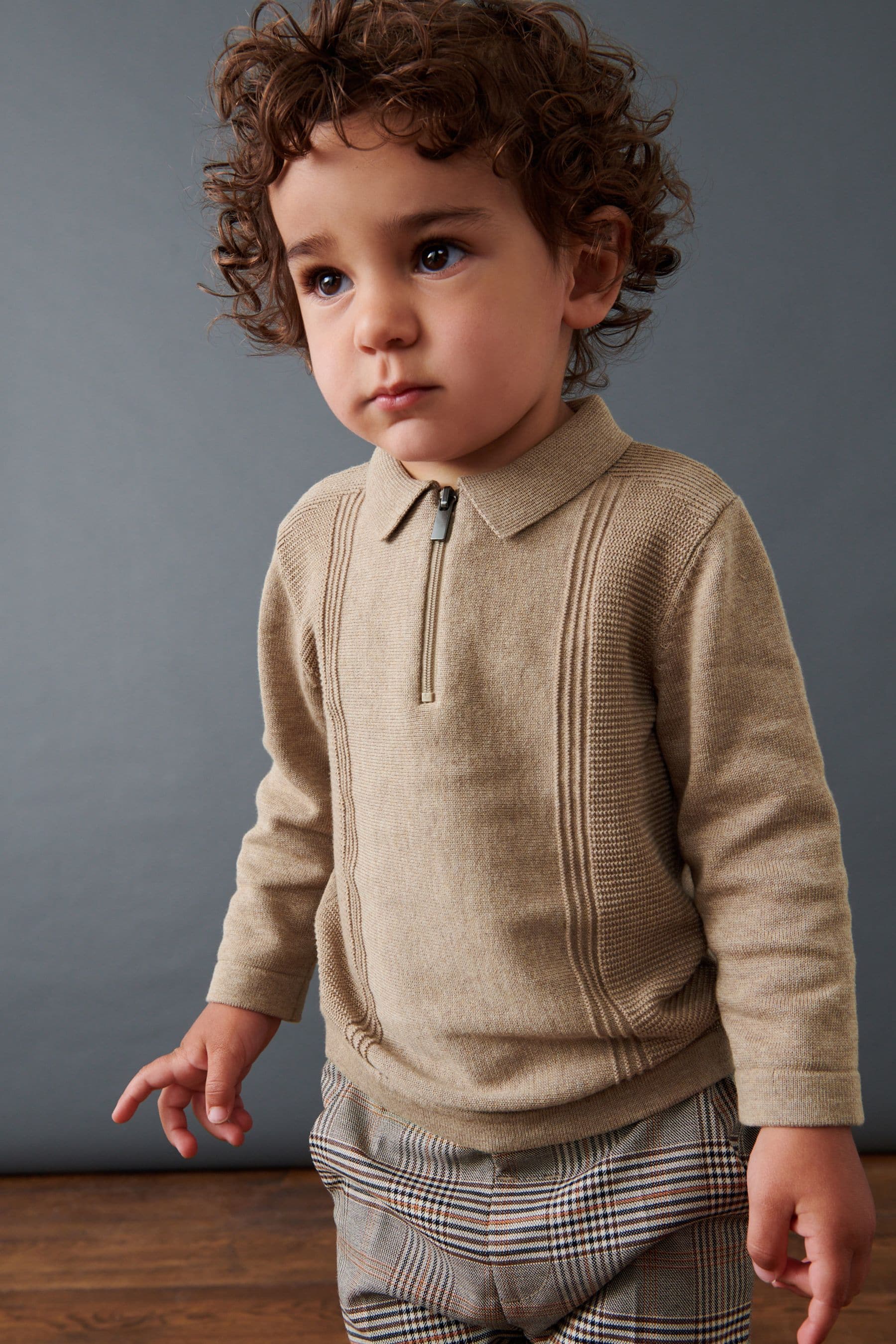 Neutral Long Sleeve Zip Neck Textured Polo Shirt (3mths-7yrs)