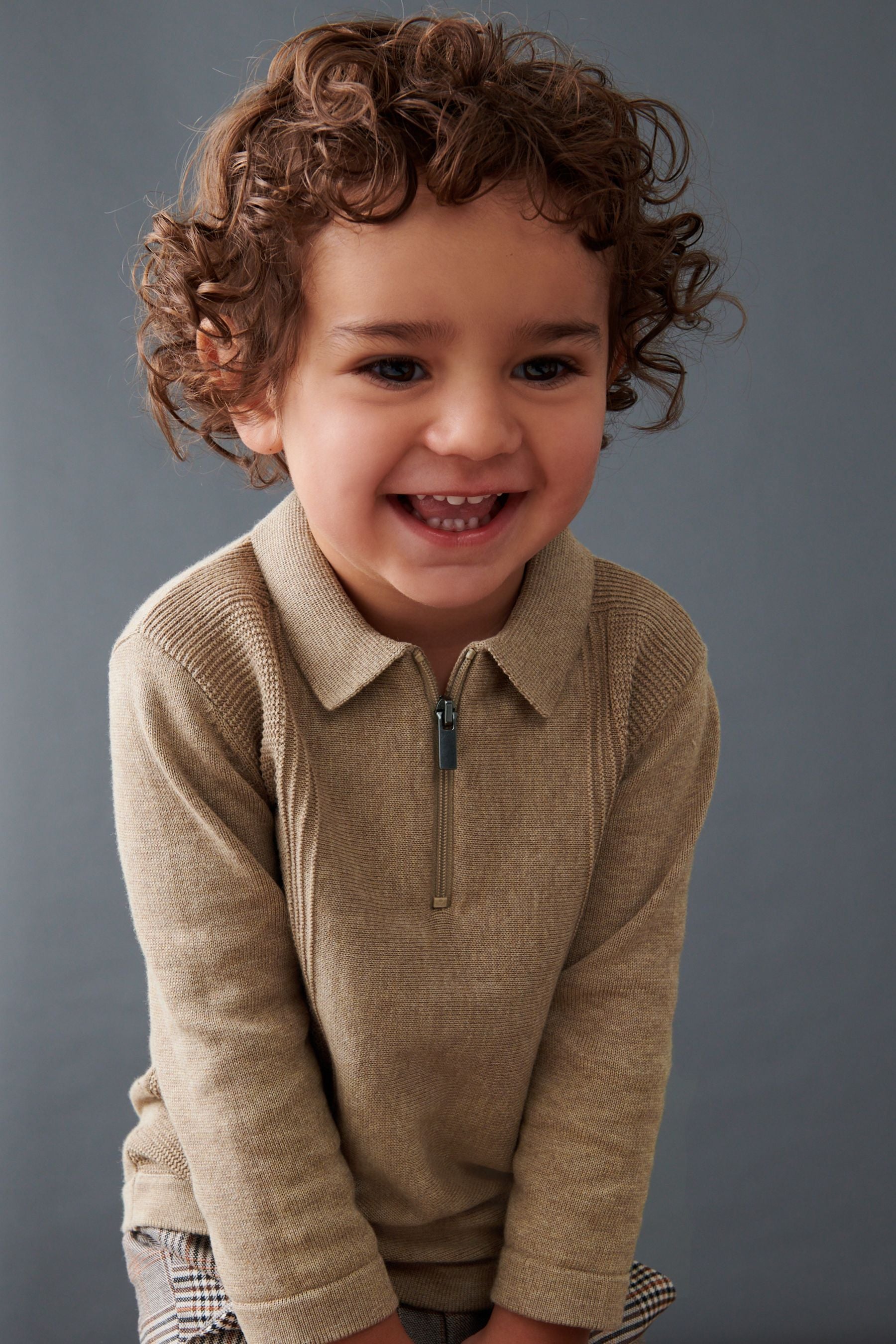 Neutral Long Sleeve Zip Neck Textured Polo Shirt (3mths-7yrs)