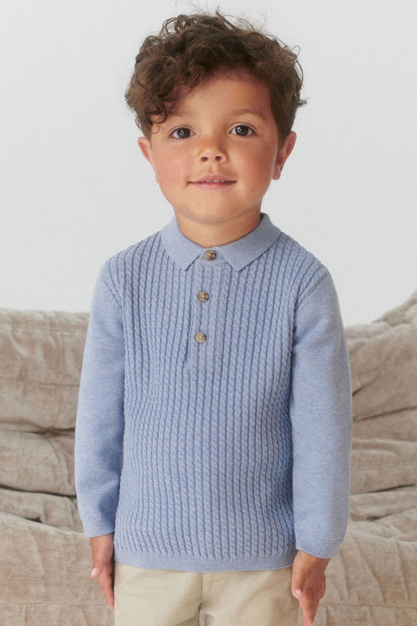 Blue Cable Knit Smart Long Sleeve Polo Shirt (3mths-7yrs)